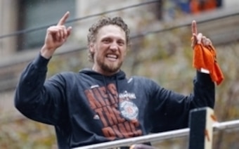 Hunter Pence celebrates during the Giants' victory parade.