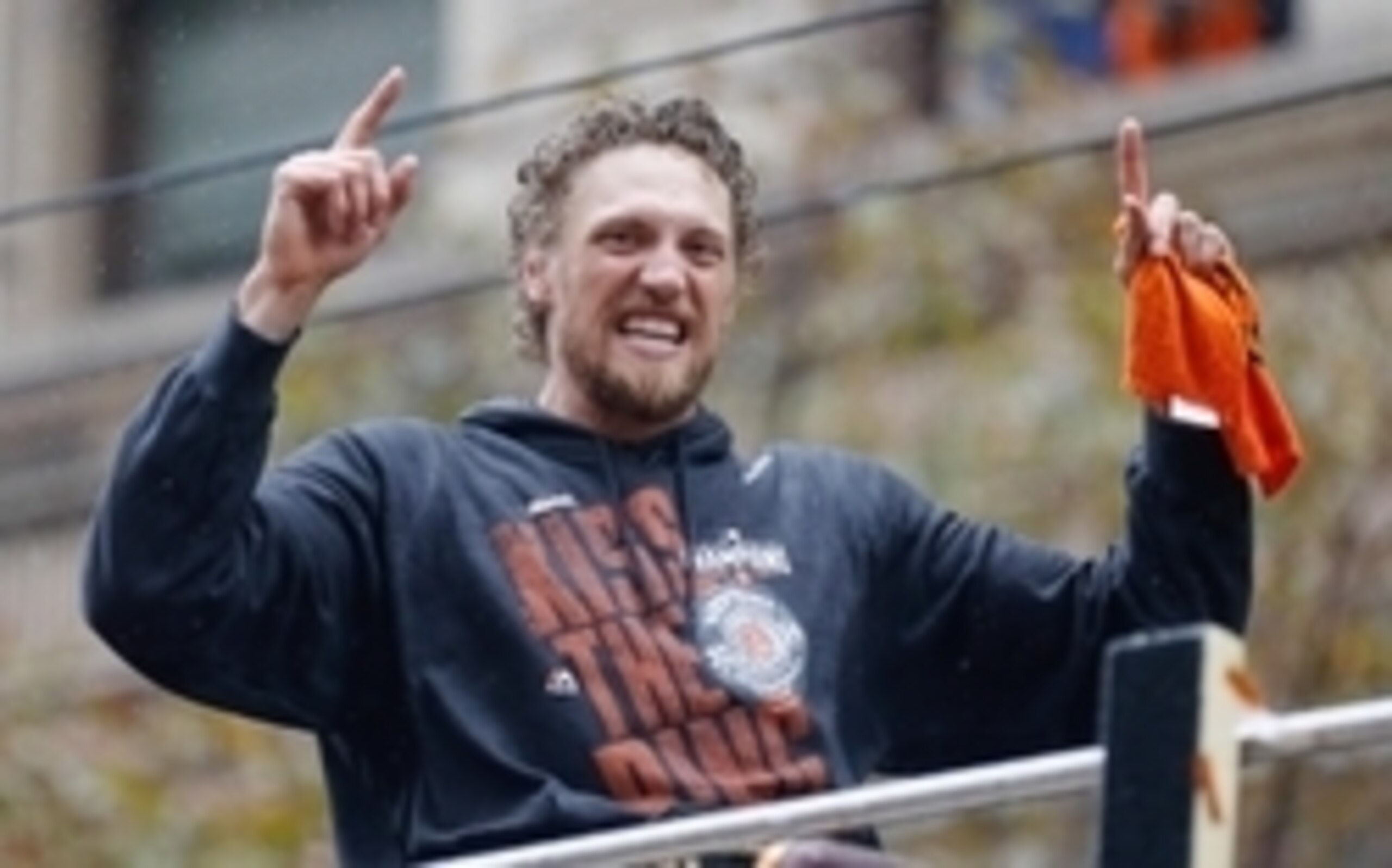 Hunter Pence celebrates during the Giants' victory parade.