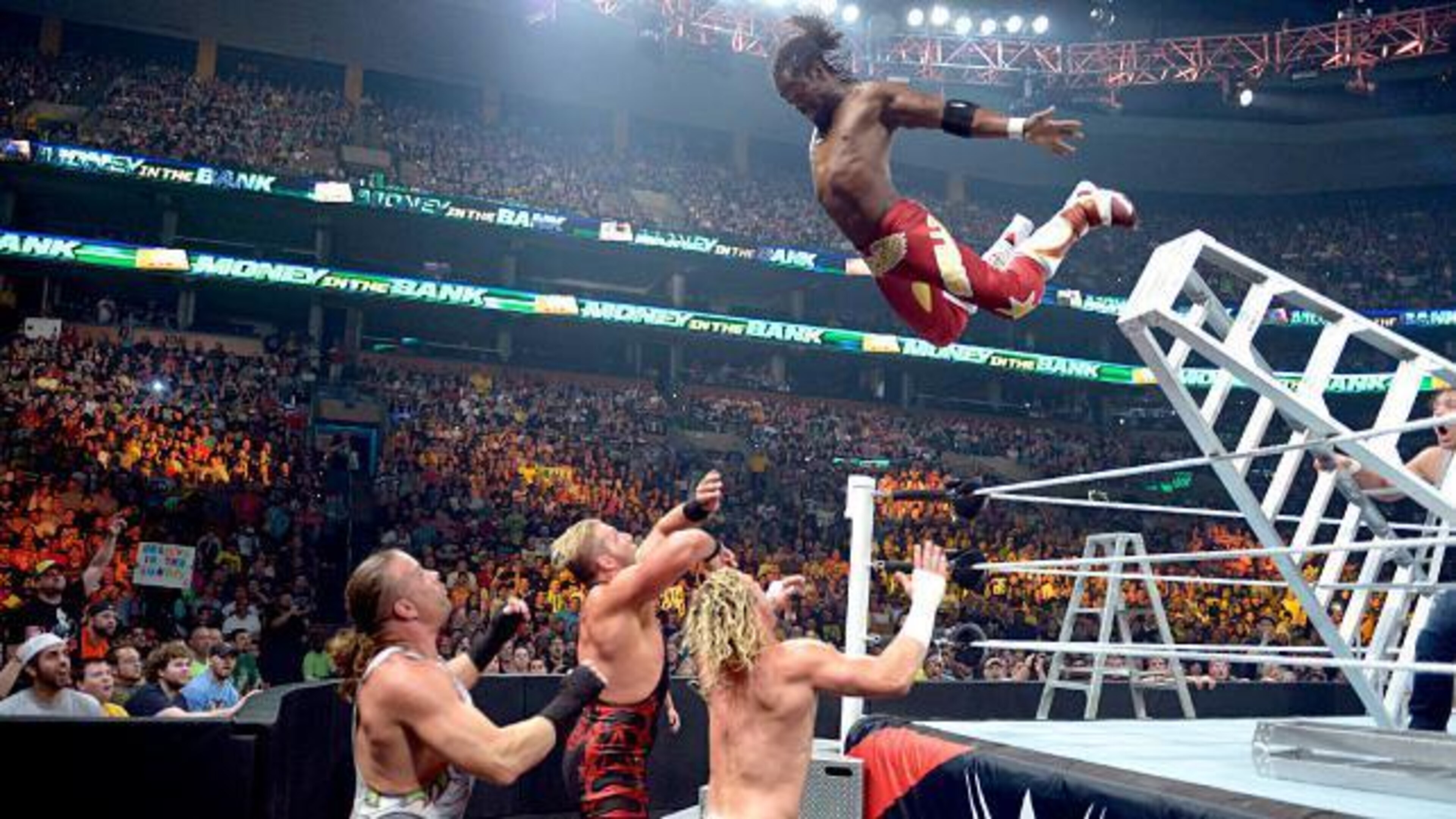 Kofi Kingston flies high at Money in the Bank. Kofi Kingston flies high at Money in the Bank.