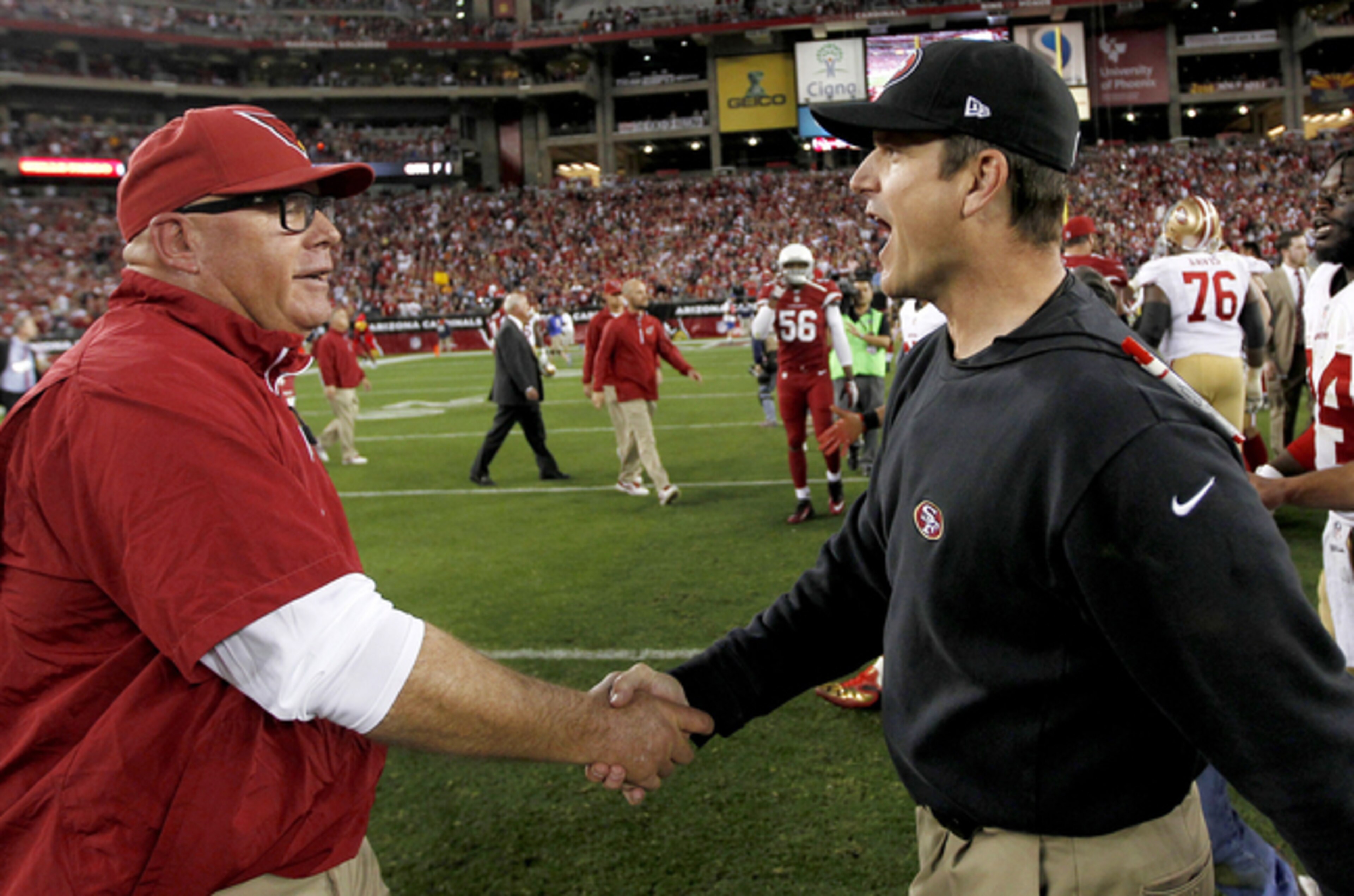 Will Sunday be the final time Jim Harbaugh and Bruce Arians shake hands as NFC West rivals? Will Sunday be the final time Jim Harbaugh and Bruce Arians shake hands as NFC West rivals?