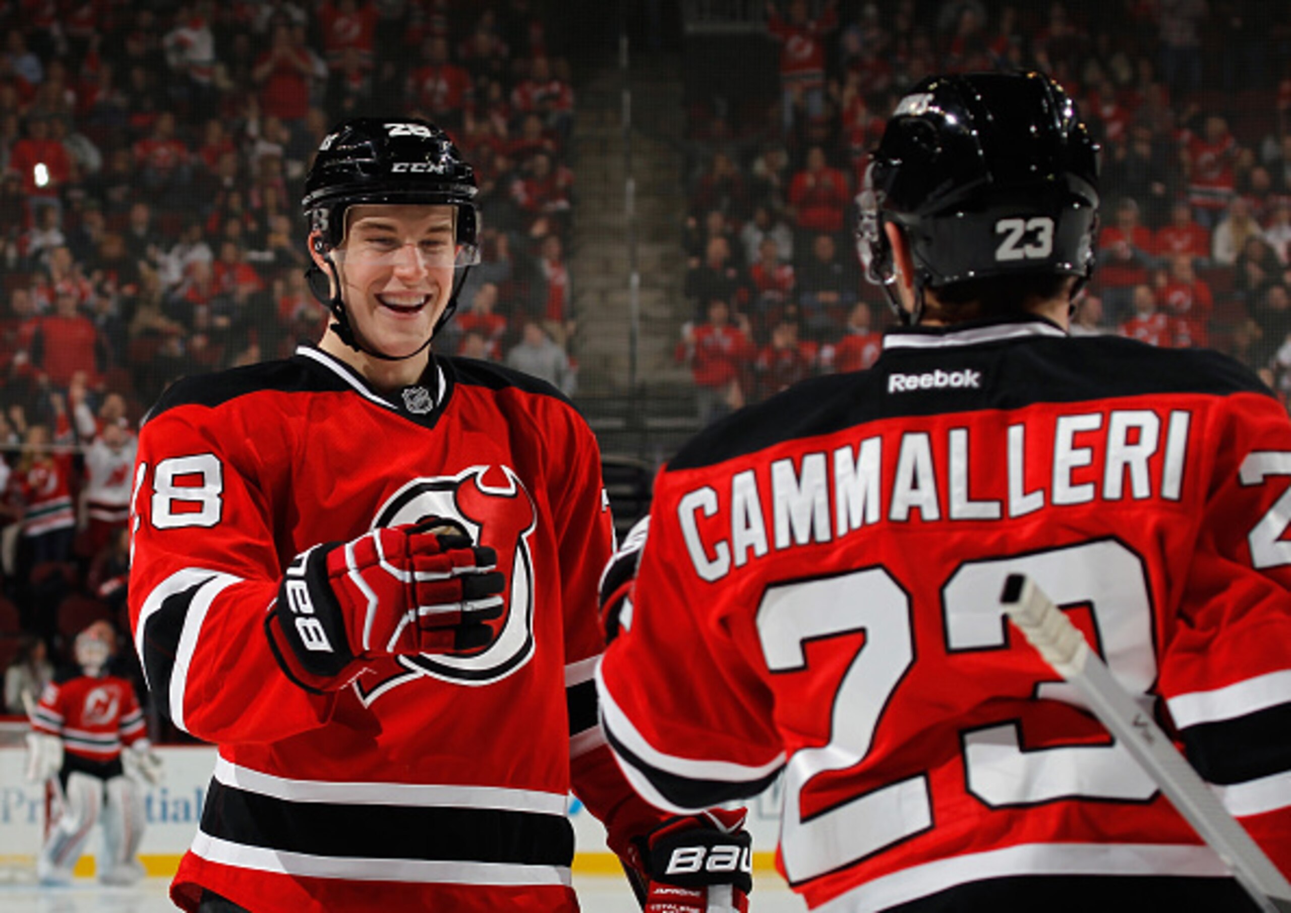 Damon Severson celebrates a goal with Michael Cammalleri. Damon Severson celebrates a goal with Michael Cammalleri.
