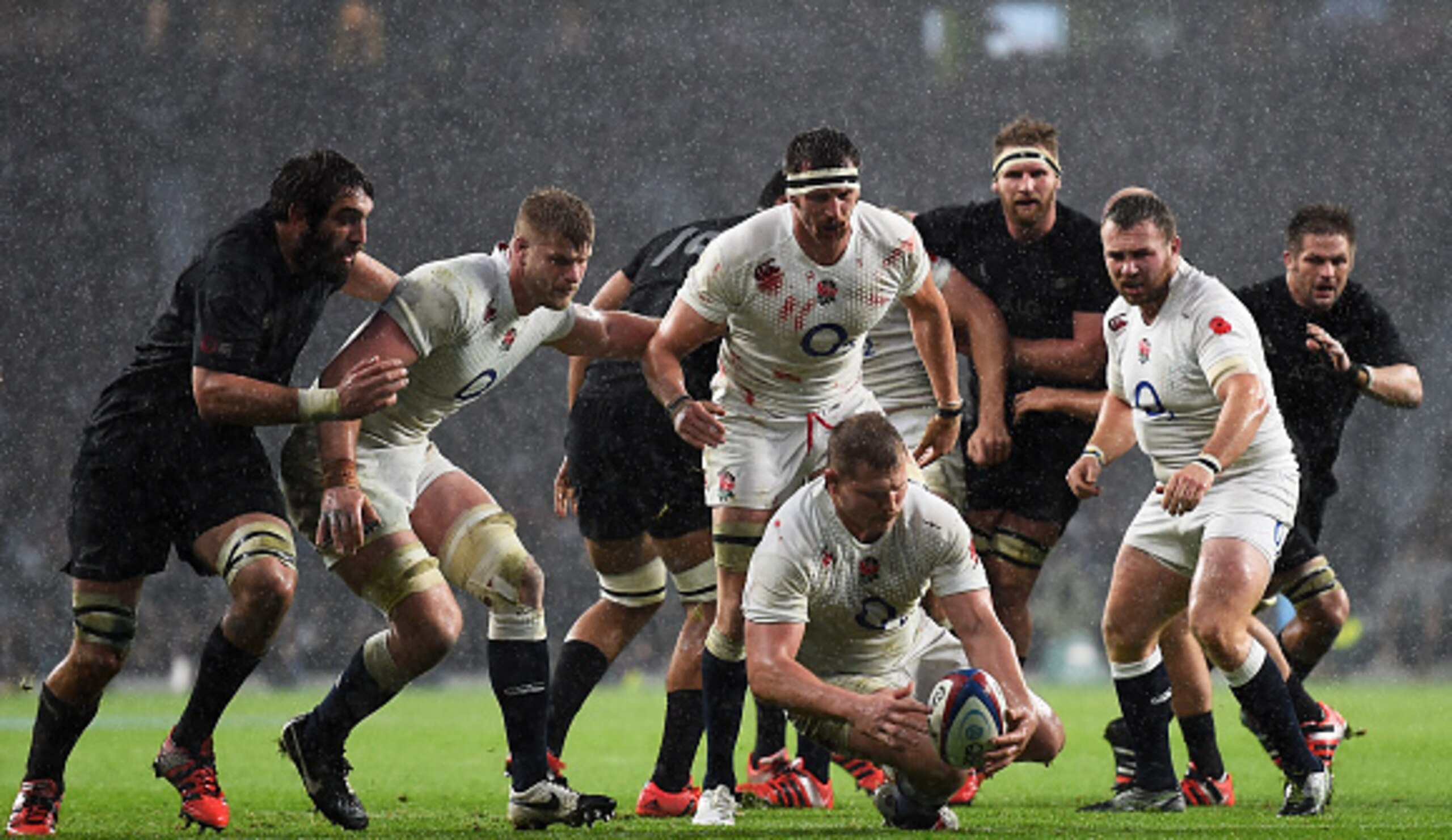 Dylan Hartley dives on the ball against New Zealand in November