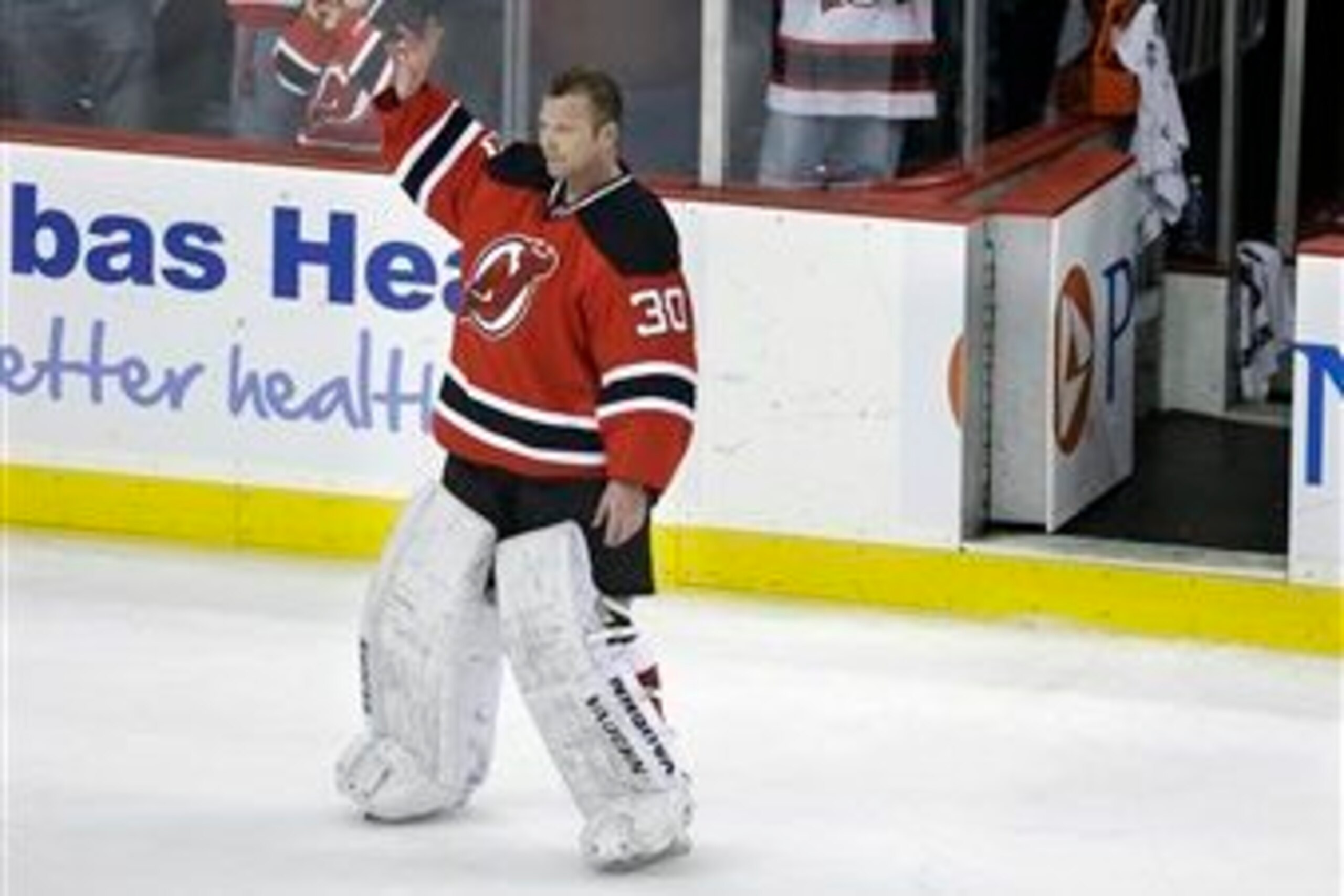 Martin Brodeur waves to fans after his last game as a New Jersey Devil. Martin Brodeur waves to fans after his last game as a New Jersey Devil.