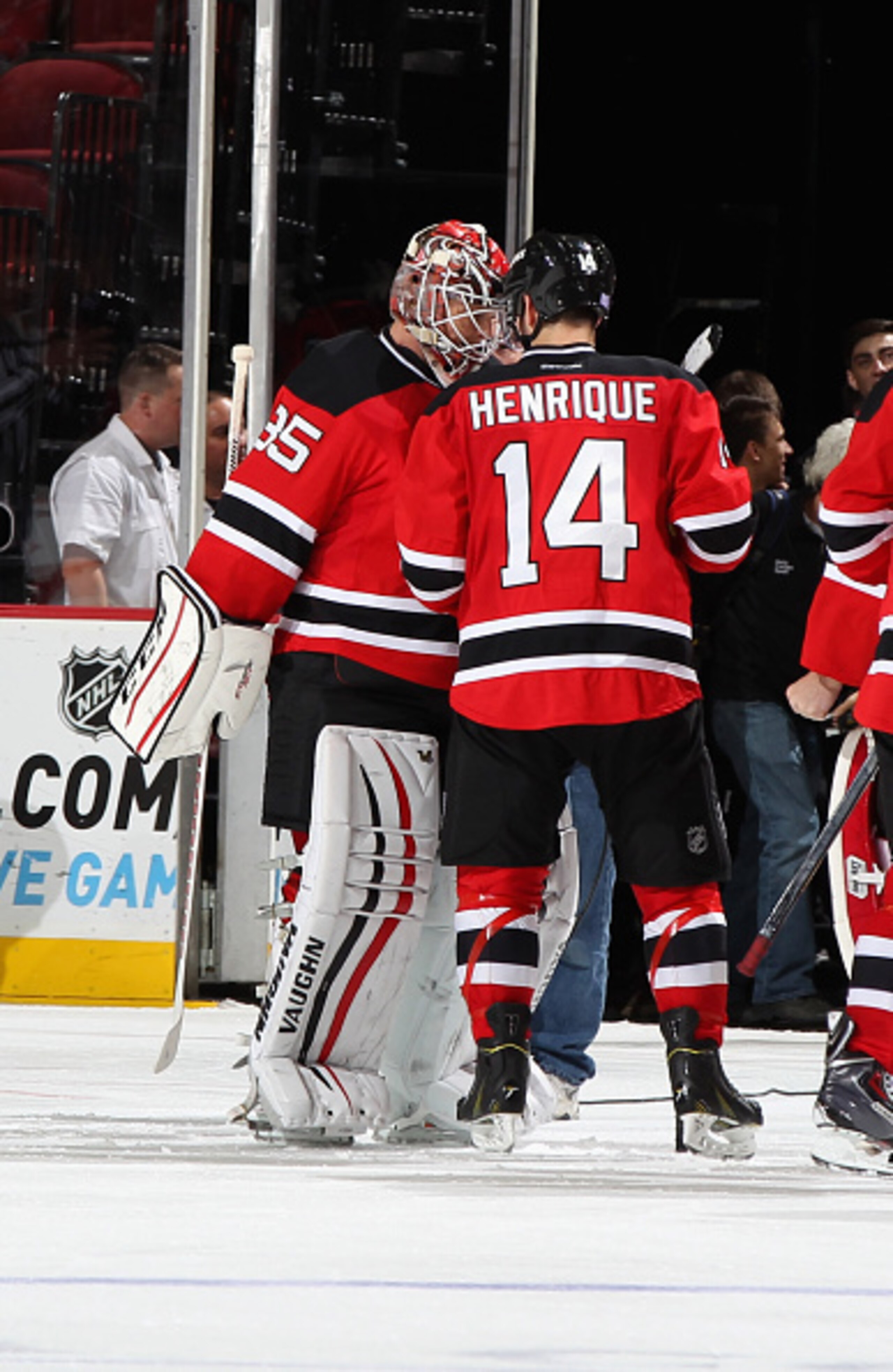 Adam Henrique congratulates Cory Schneider after the Devils get their first shootout victory since March 2013. Adam Henrique congratulates Cory Schneider after the Devils get their first shootout victory since March 2013.