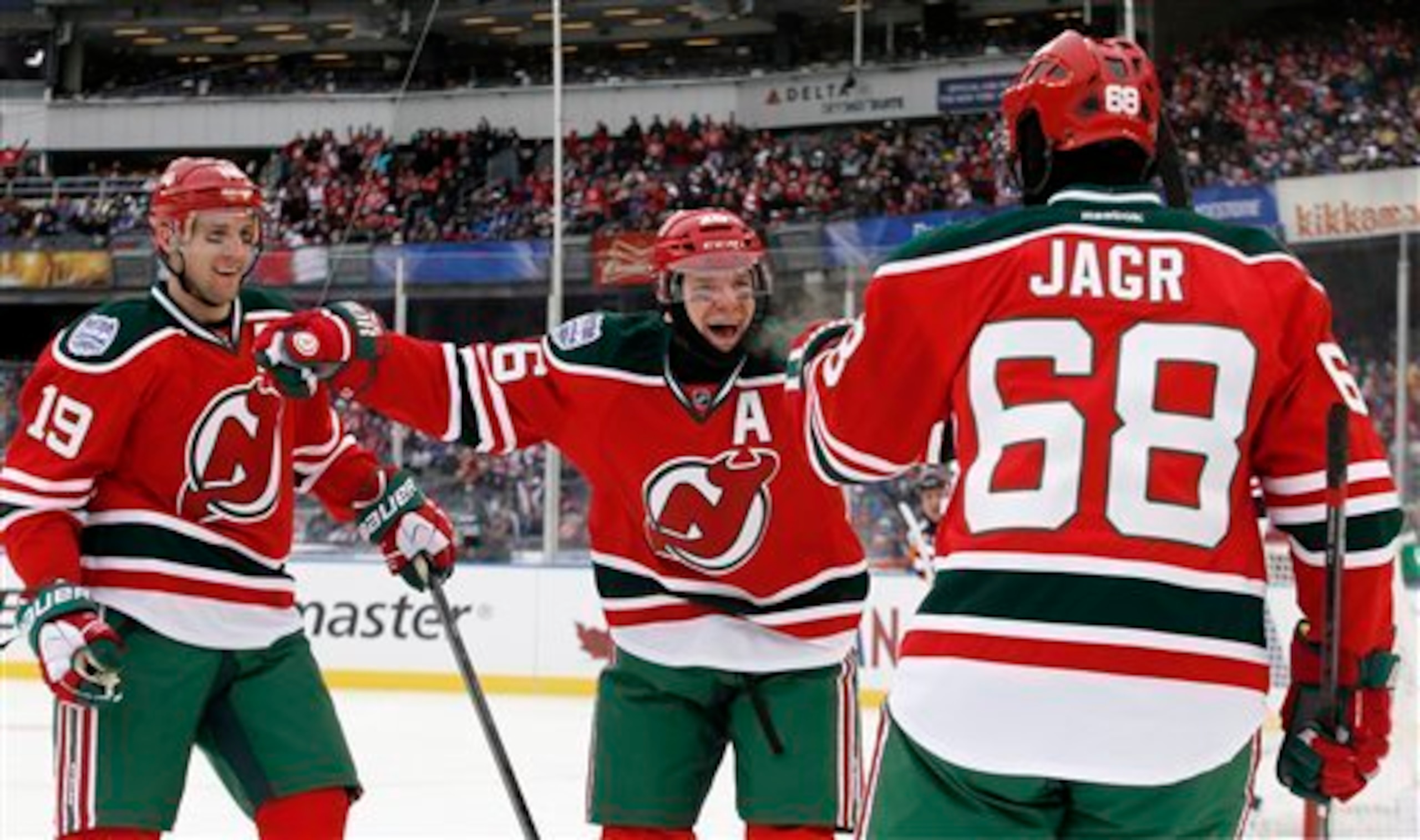 Patrik Elias scores an early goal at Yankee Stadium. Patrik Elias scores an early goal at Yankee Stadium.