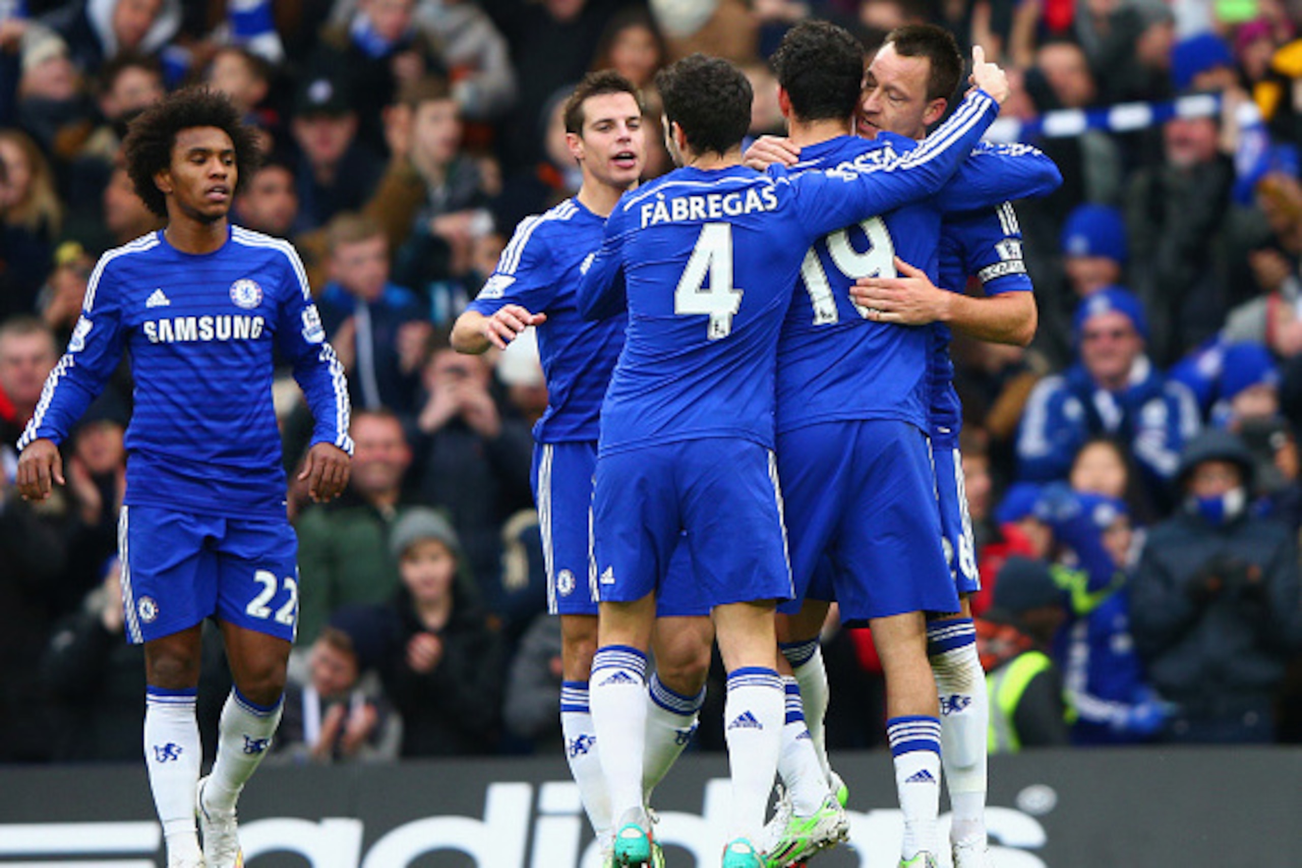 Chelsea celebrate their 2-0 win over West Ham United on Boxing Day.