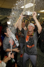 Tim Hudson celebrates the Giants' World Series victory. Tim Hudson celebrates the Giants' World Series victory.