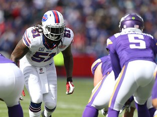 ORCHARD PARK, NY - OCTOBER 19:   Brandon Spikes #51 of the Buffalo Bills lines up across from Teddy Bridgewater #5 of the Minnesota Vikings during the first half at Ralph Wilson Stadium on October 19, 2014 in Orchard Park, New York.  (Photo by Brett Carls