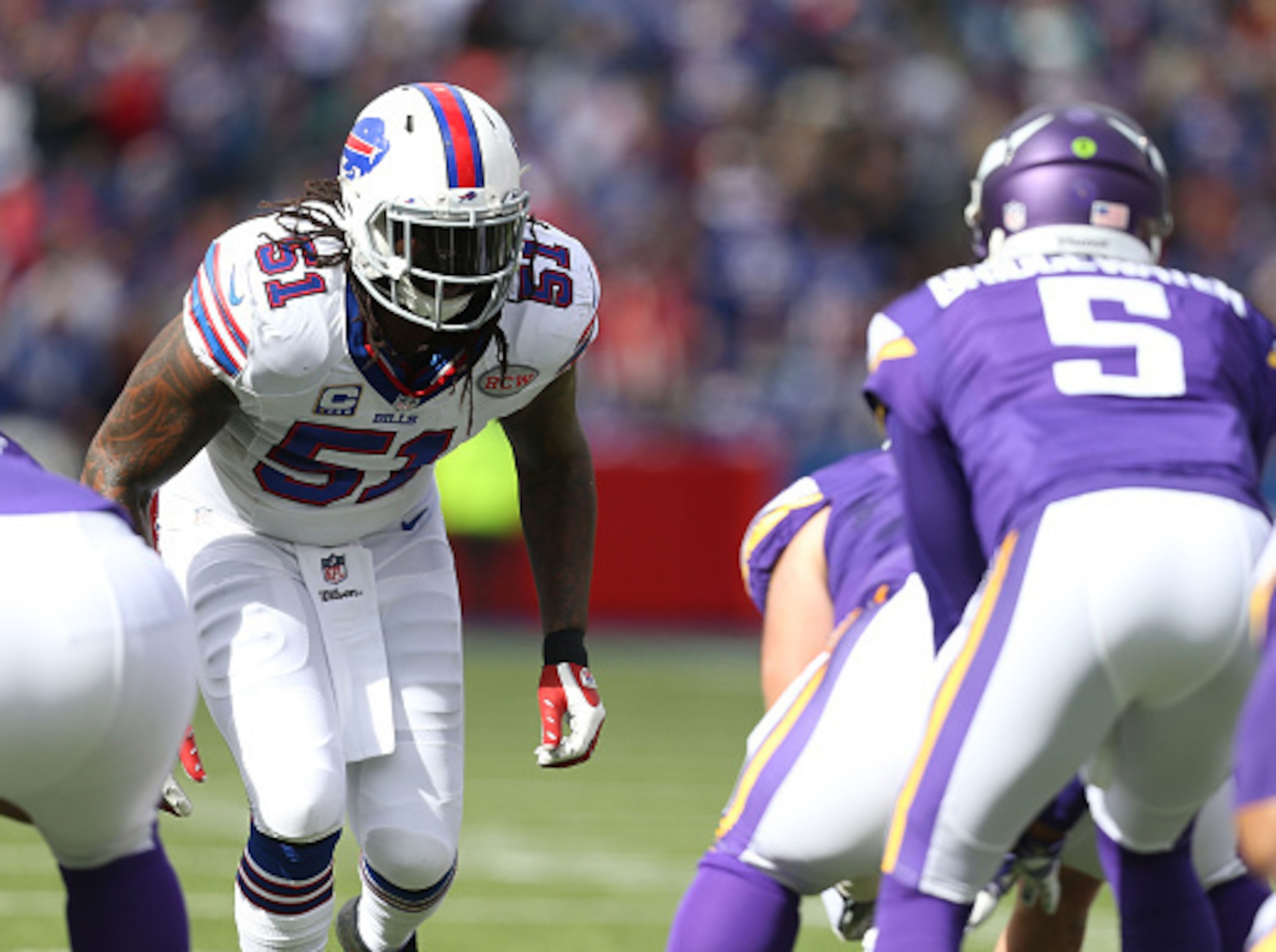 ORCHARD PARK, NY - OCTOBER 19:   Brandon Spikes #51 of the Buffalo Bills lines up across from Teddy Bridgewater #5 of the Minnesota Vikings during the first half at Ralph Wilson Stadium on October 19, 2014 in Orchard Park, New York.  (Photo by Brett Carls