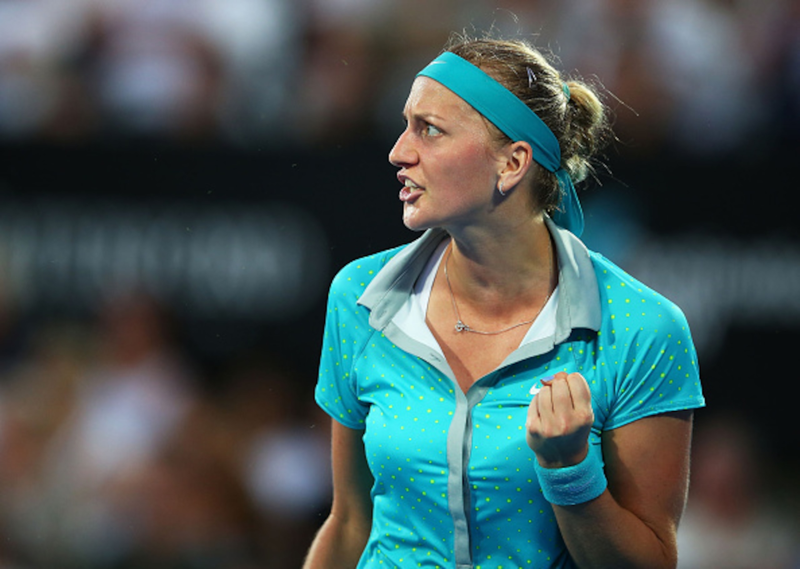 SYDNEY, AUSTRALIA - JANUARY 16:  Petra Kvitova of the Czech Republic reacts after winning a point in the Womens Singles Final match against Karolina Pliskova of the Czech Republic during day six of the 2015 Sydney International at Sydney Olympic Park Tenn
