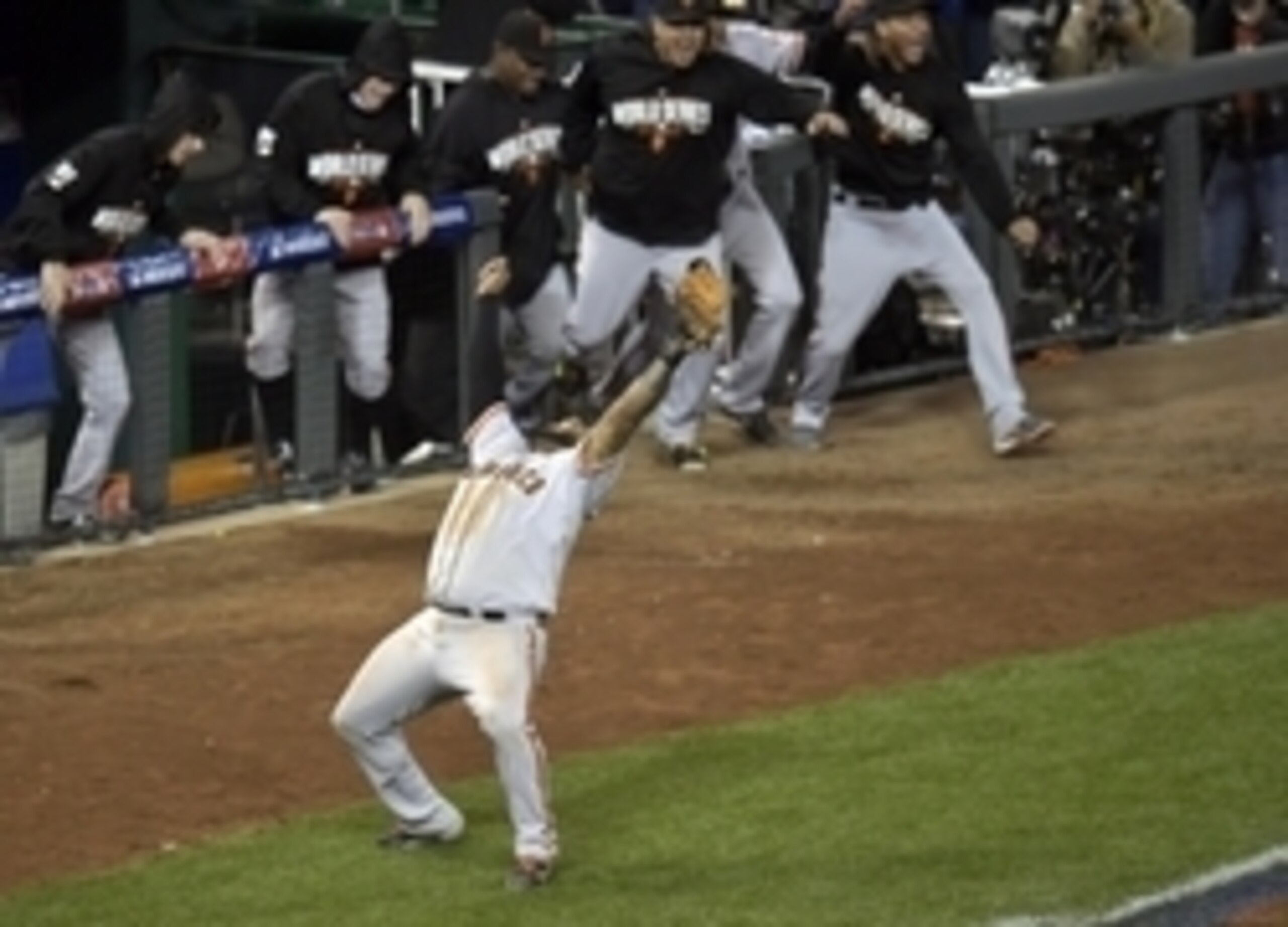 Pablo Sandoval catches the final out of the World Series.