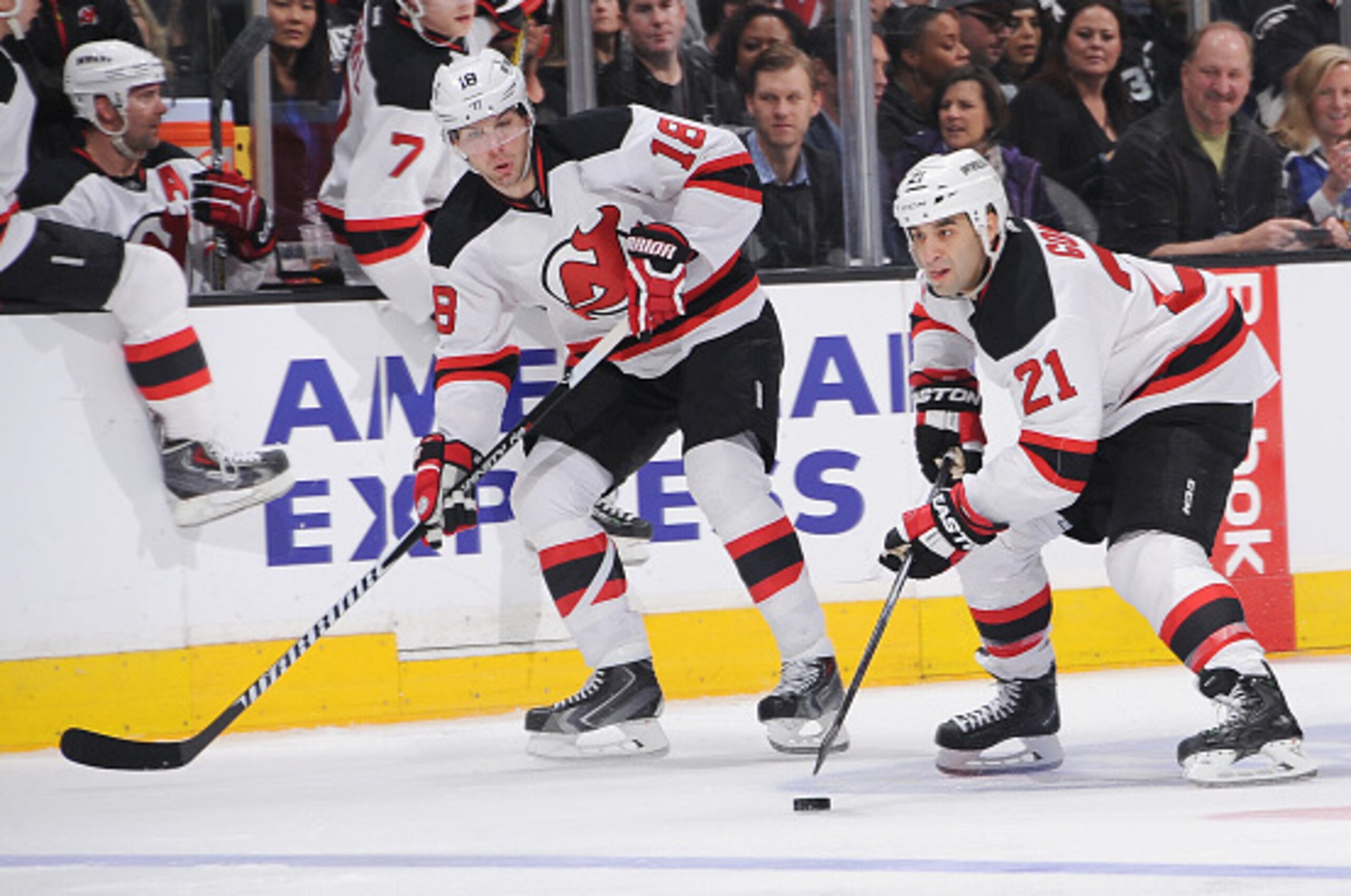 Scott Gomez leads a breakout with temporary linemate Steve Bernier.