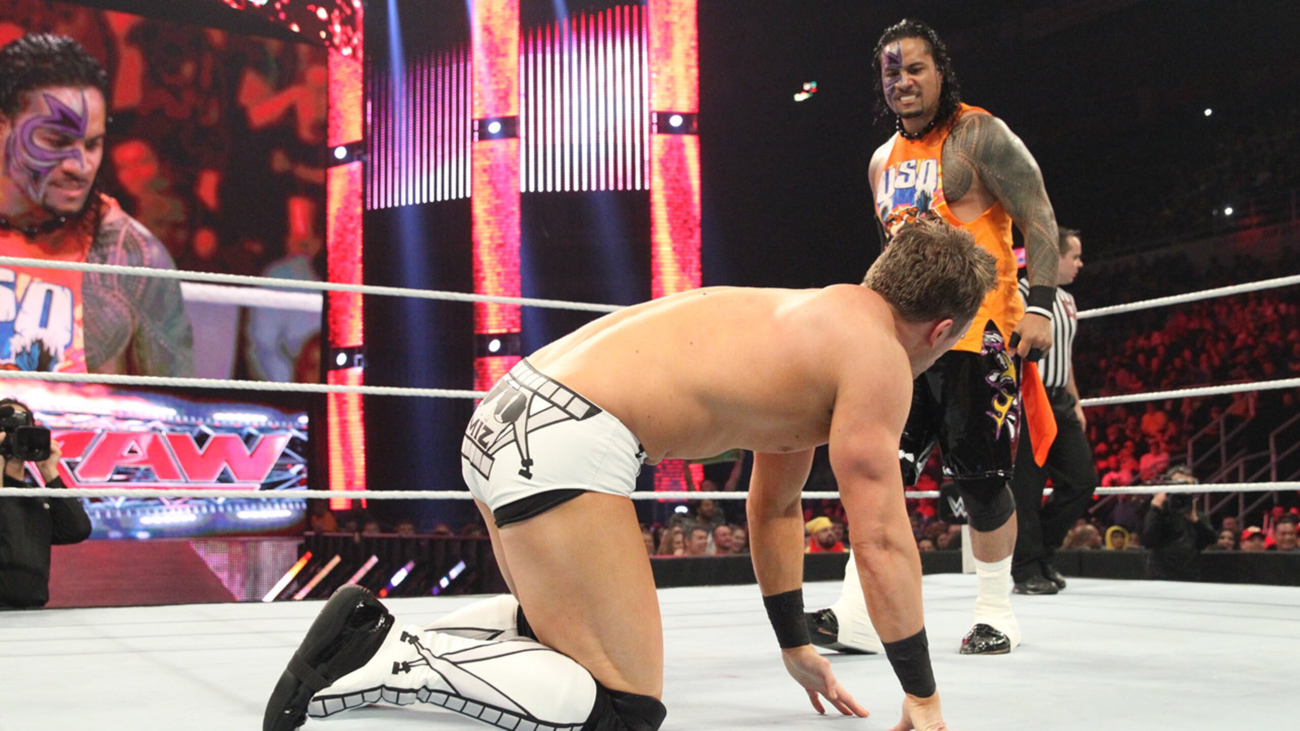 Jimmy Uso stares down The Miz.