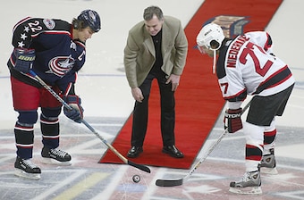 Captain Scott Niedermayer takes a ceremonial faceoff during the 2004 season.