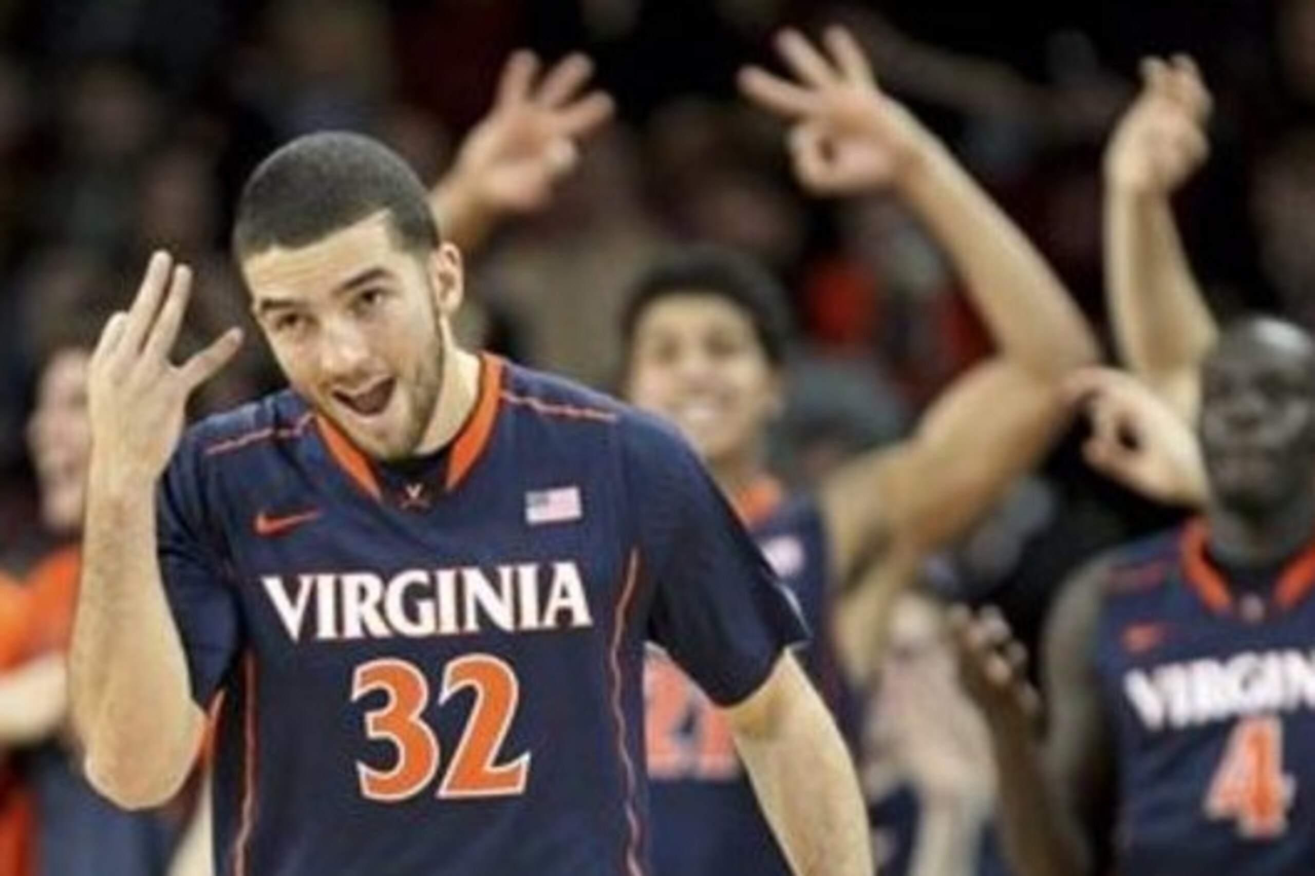 Virginia guard London Perrantes celebrating a big-three point basket in UVA's win over Boston College last week.
