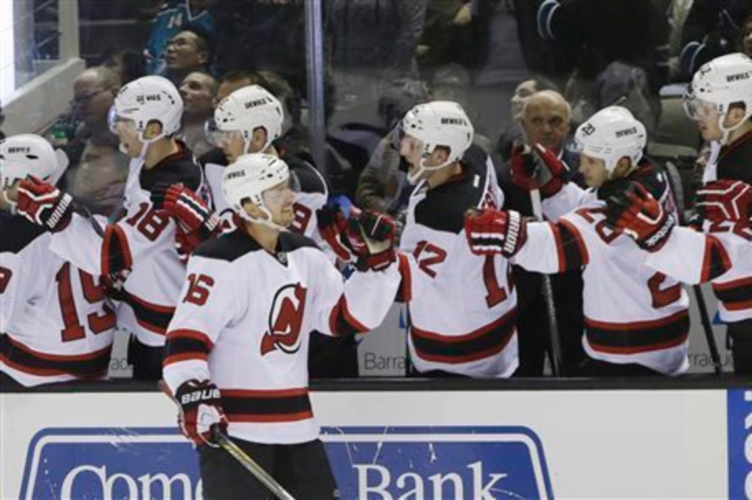 The Devils celebrate Jacob Josefson's shorthanded goal against the San Jose Sharks. The Devils celebrate Jacob Josefson's shorthanded goal against the San Jose Sharks.