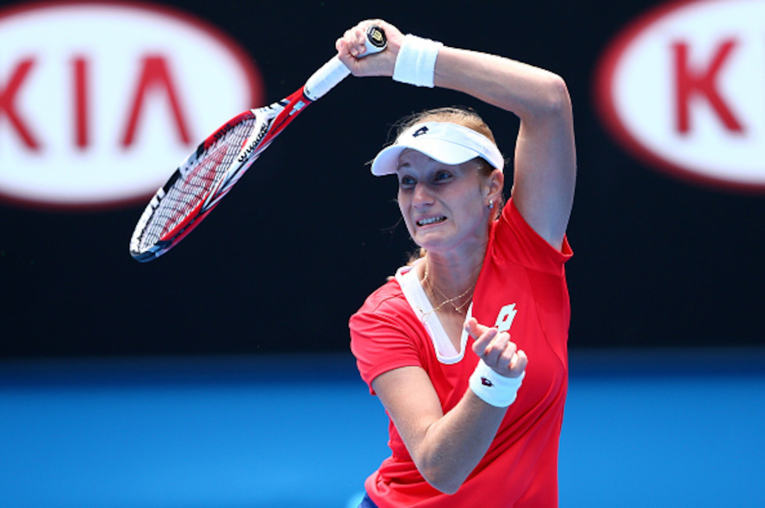 Ekaterina Makarova follows through on a forehand shot during an early-round match at the 2015 Australian Open.