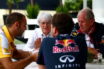 Abiteboul (left) with Bernie Ecclestone, Christian Horner and Helmut Marko.
