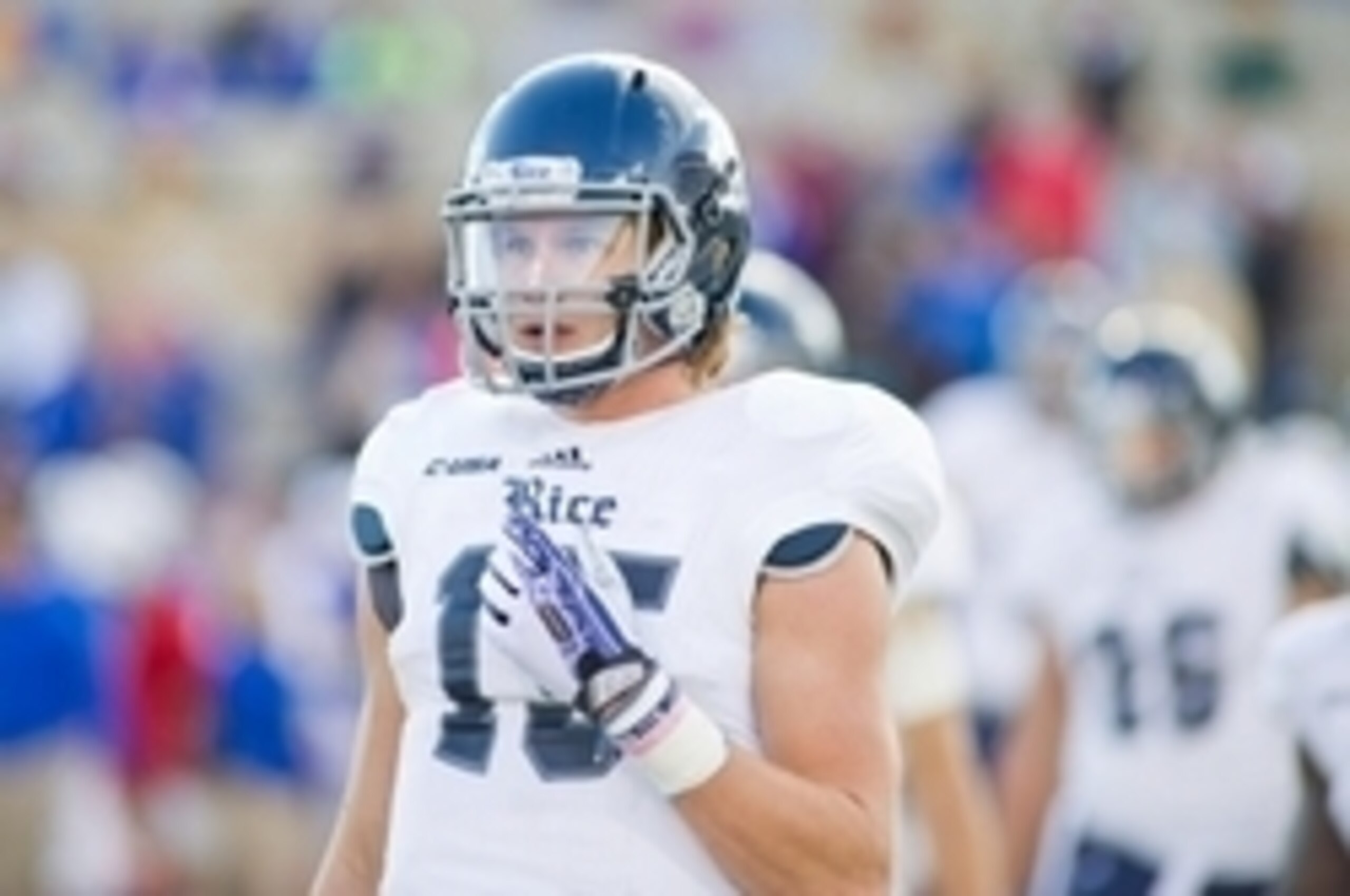 Oct 5, 2013; Tulsa, OK, USA; Rice Owls wide receiver Jordan Taylor (15) looks to the sidelines during a game against the Tulsa Hurricanes at Skelly Field at H.A. Chapman Stadium. Rice defeated Tulsa 30-27 in an overtime. Mandatory Credit: Beth Hall-USA TO