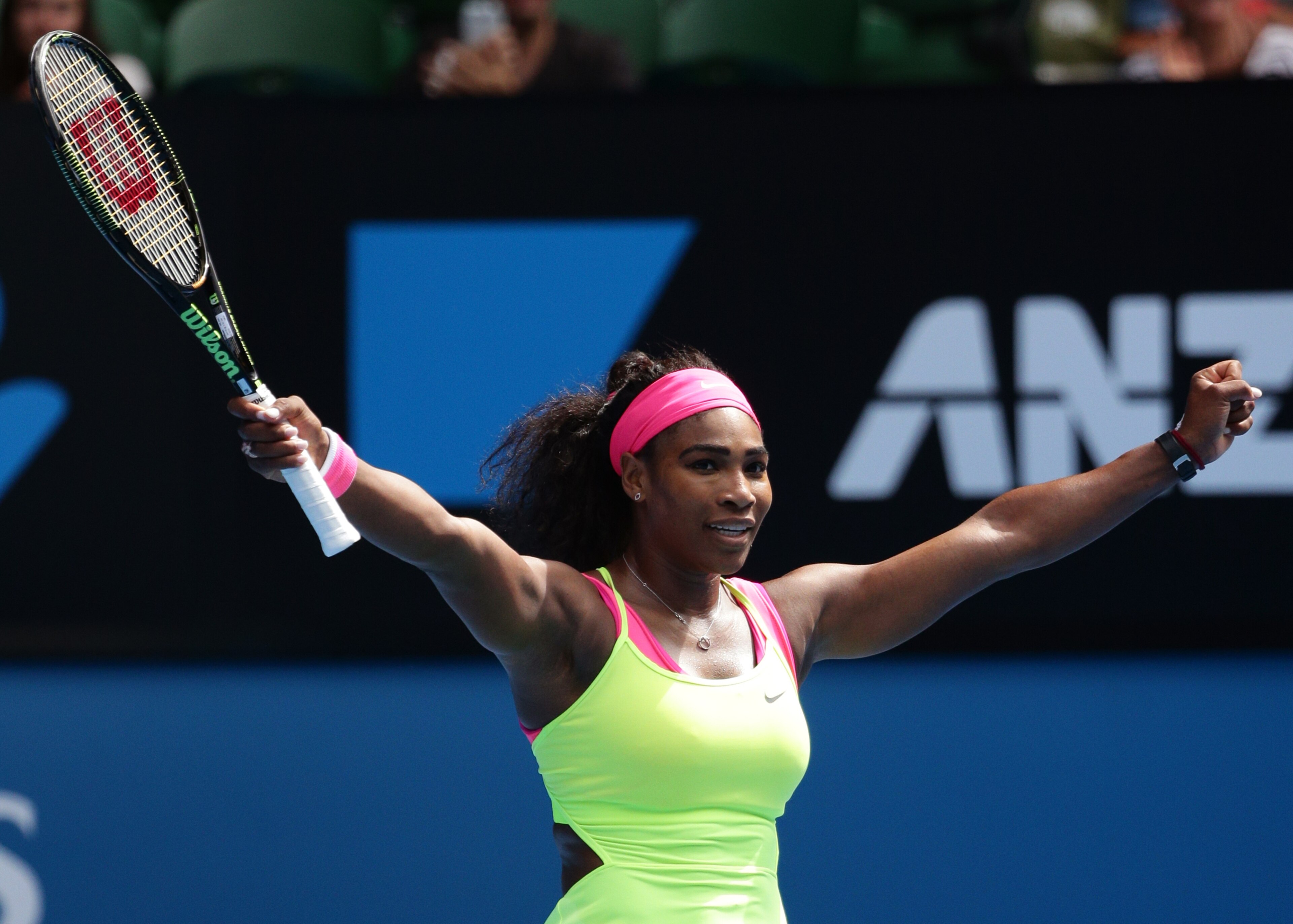 Serena Williams celebrates a fourth-round win at the 2015 Australian Open.