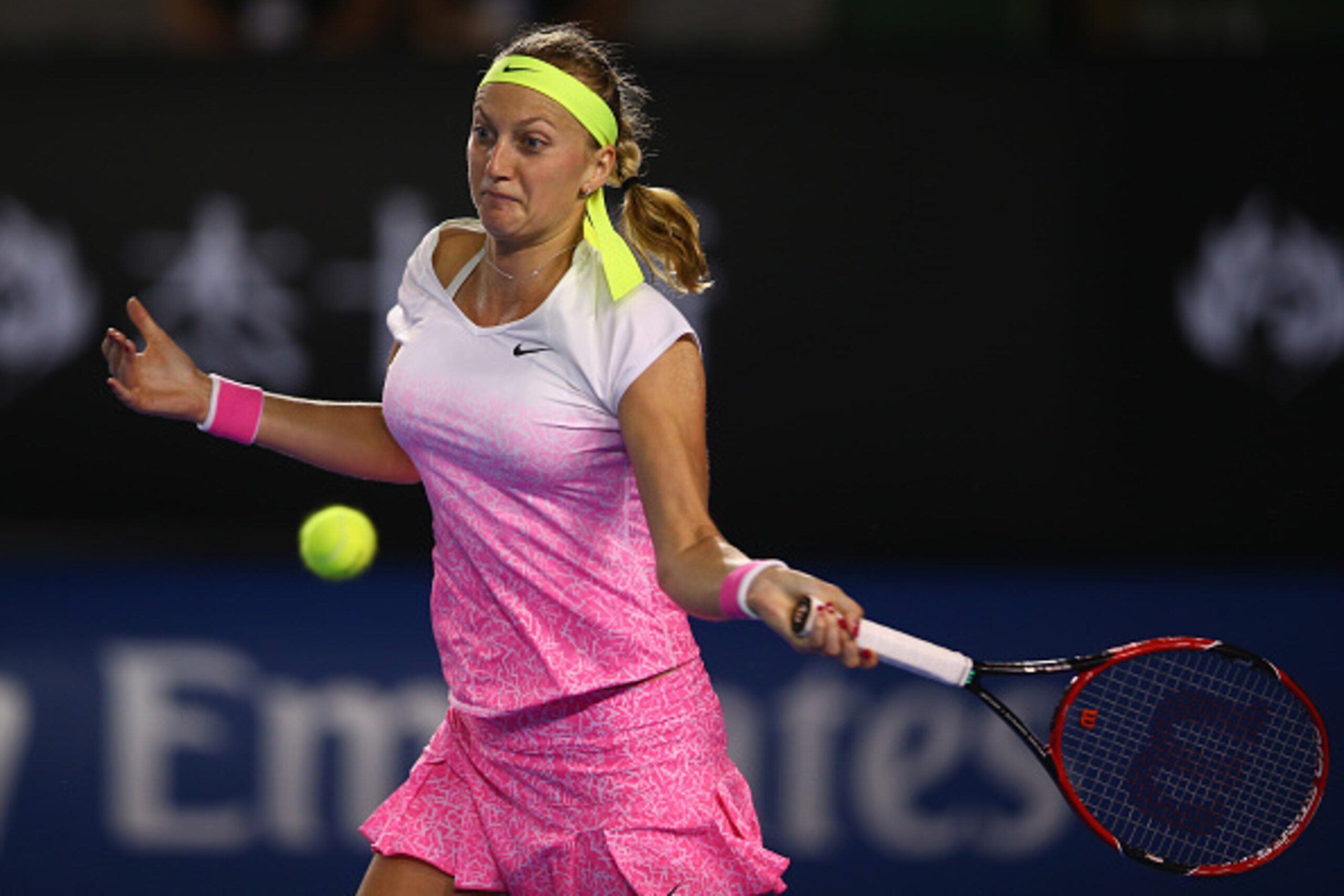 Petra Kvitova hits a forehand during her fourth-round match at the 2015 Australian Open.
