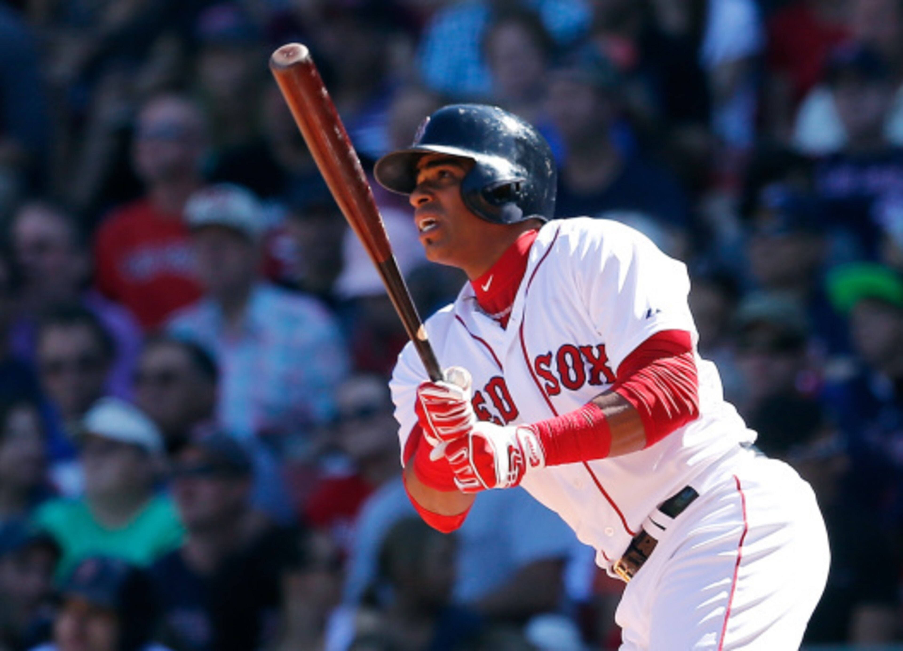 BOSTON, MA - SEPTEMBER 7:  Yoenis Cespedes #52 of the Boston Red Sox watches the flight of his ball against the Toronto Blue Jays in the third inning at Fenway Park on September 7, 2014 in Boston, Massachusetts.  (Photo by Jim Rogash/Getty Images)
