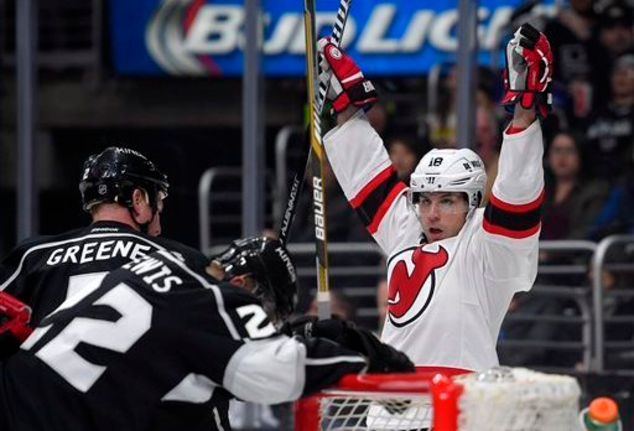 Steve Bernier celebrates a power-play goal against the Los Angeles Kings.
