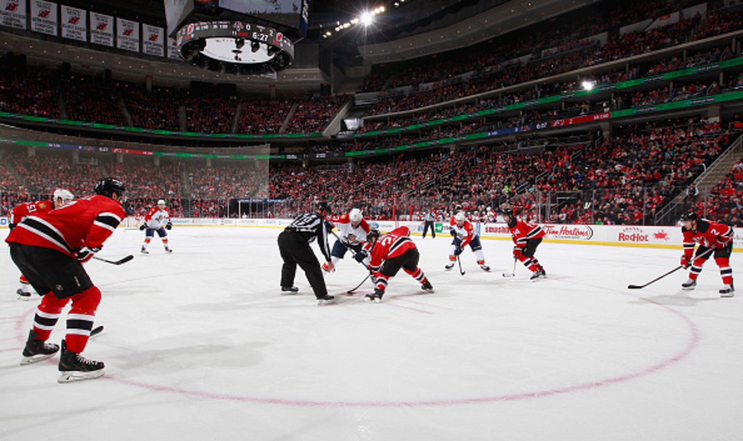 NEWARK, NJ - JANUARY 31: A general view of a faceoff during the game between the Florida Panthers and the New Jersey Devils at the Prudential Center on January 31, 2015 in Newark, New Jersey.  (Photo by Andy Marlin/NHLI via Getty Images)