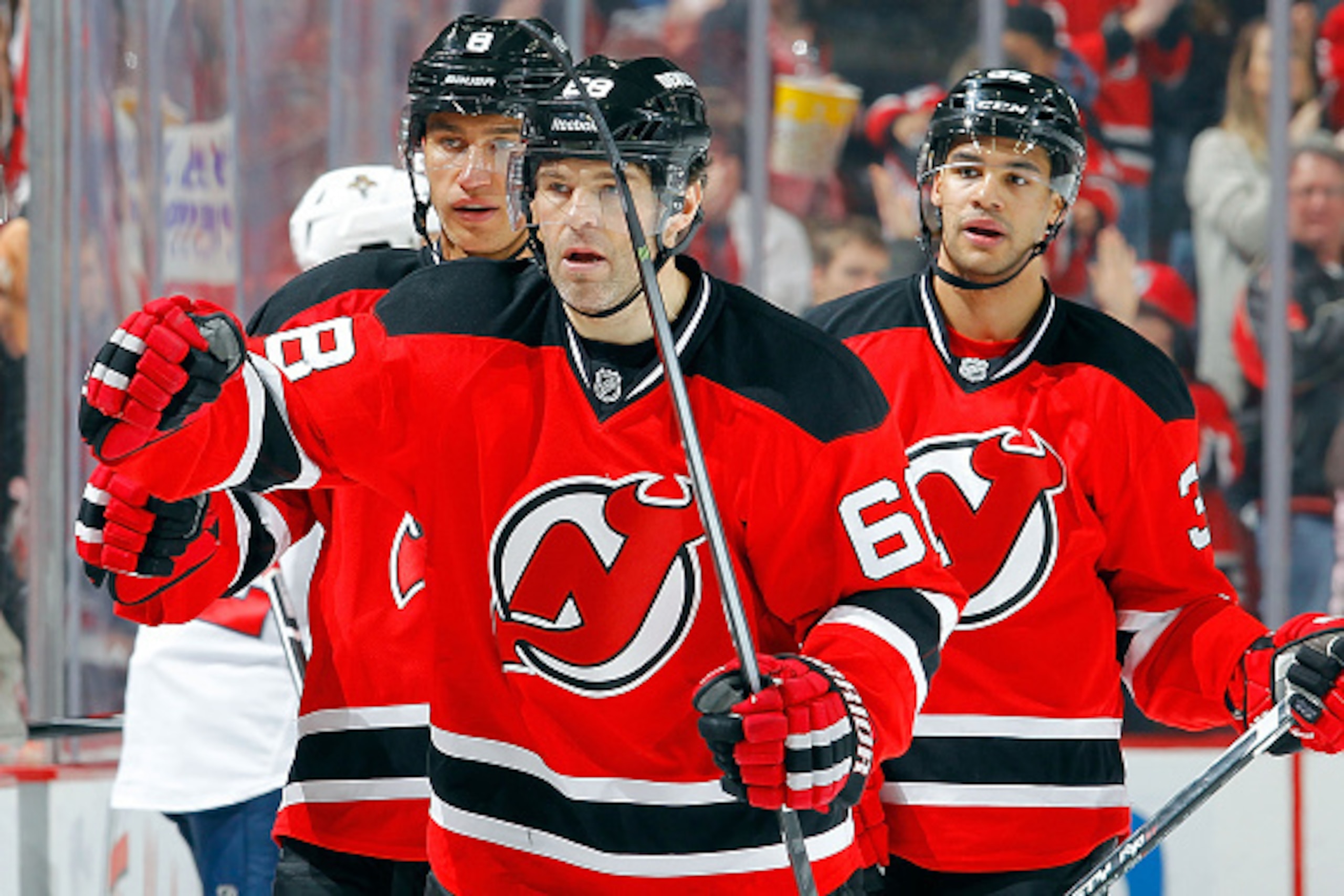 Jaromir Jagr celebrates his goal against the Florida Panthers. Could he be one of the Devils on the way out?