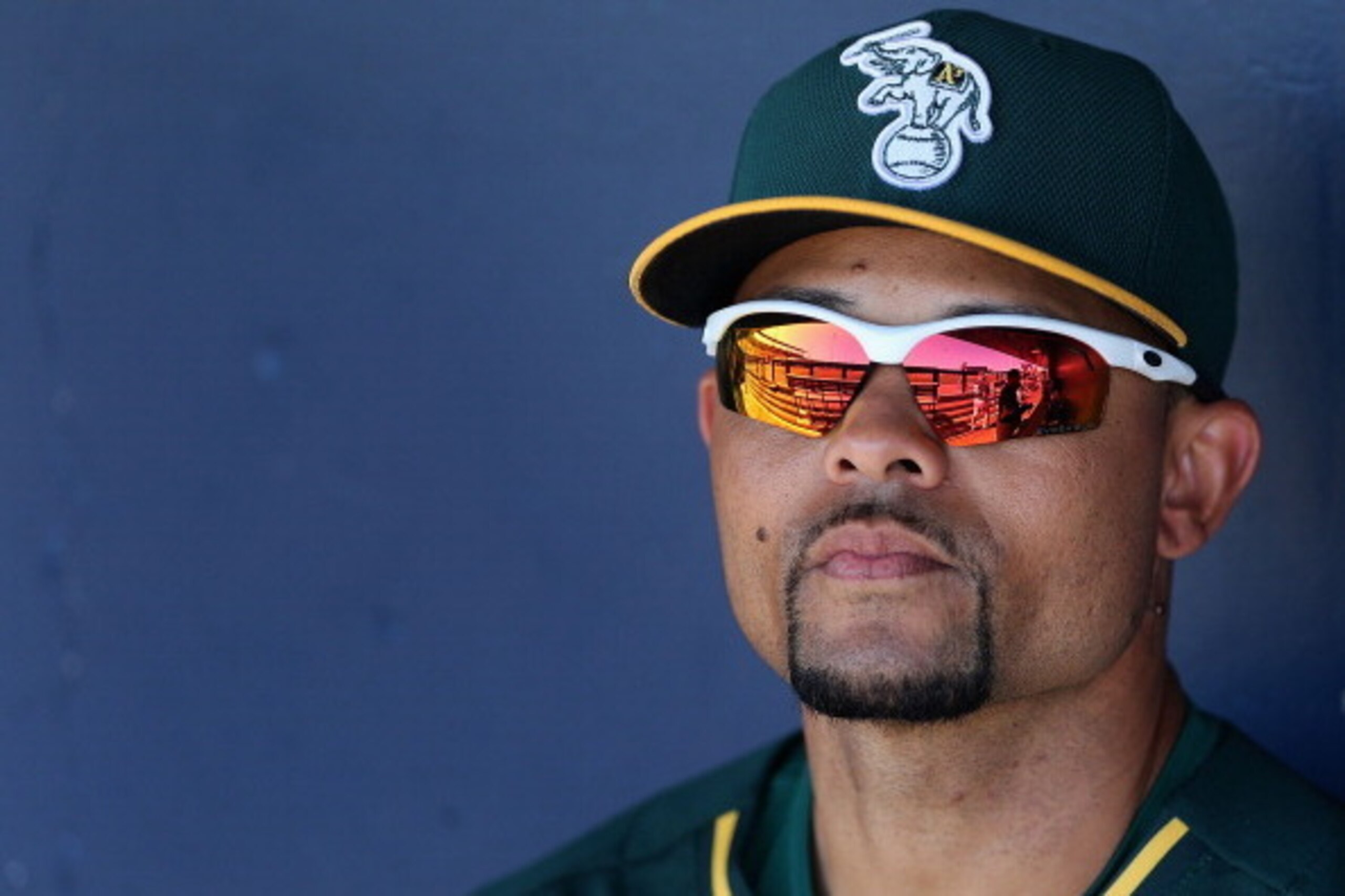 Coco Crisp looks forward during spring training in 2014.