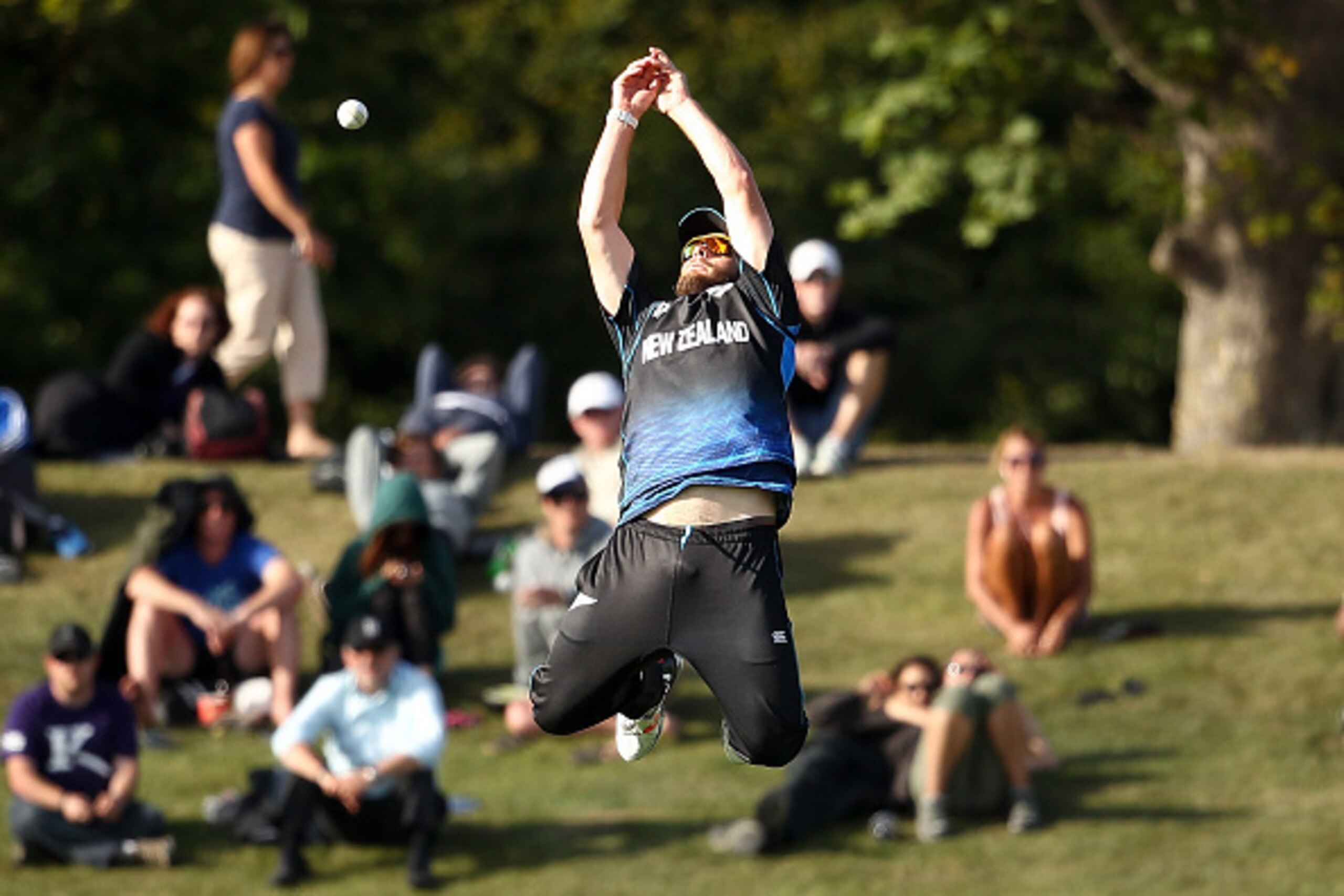 CHRISTCHURCH, NEW ZEALAND - FEBRUARY 11: Corey Anderson of New Zealand attempts a catch during the ICC Cricket World Cup match between South Africa and New Zealand at Hagley Park on February 11, 2015 in Christchurch, New Zealand.  (Photo by Martin Hunter/