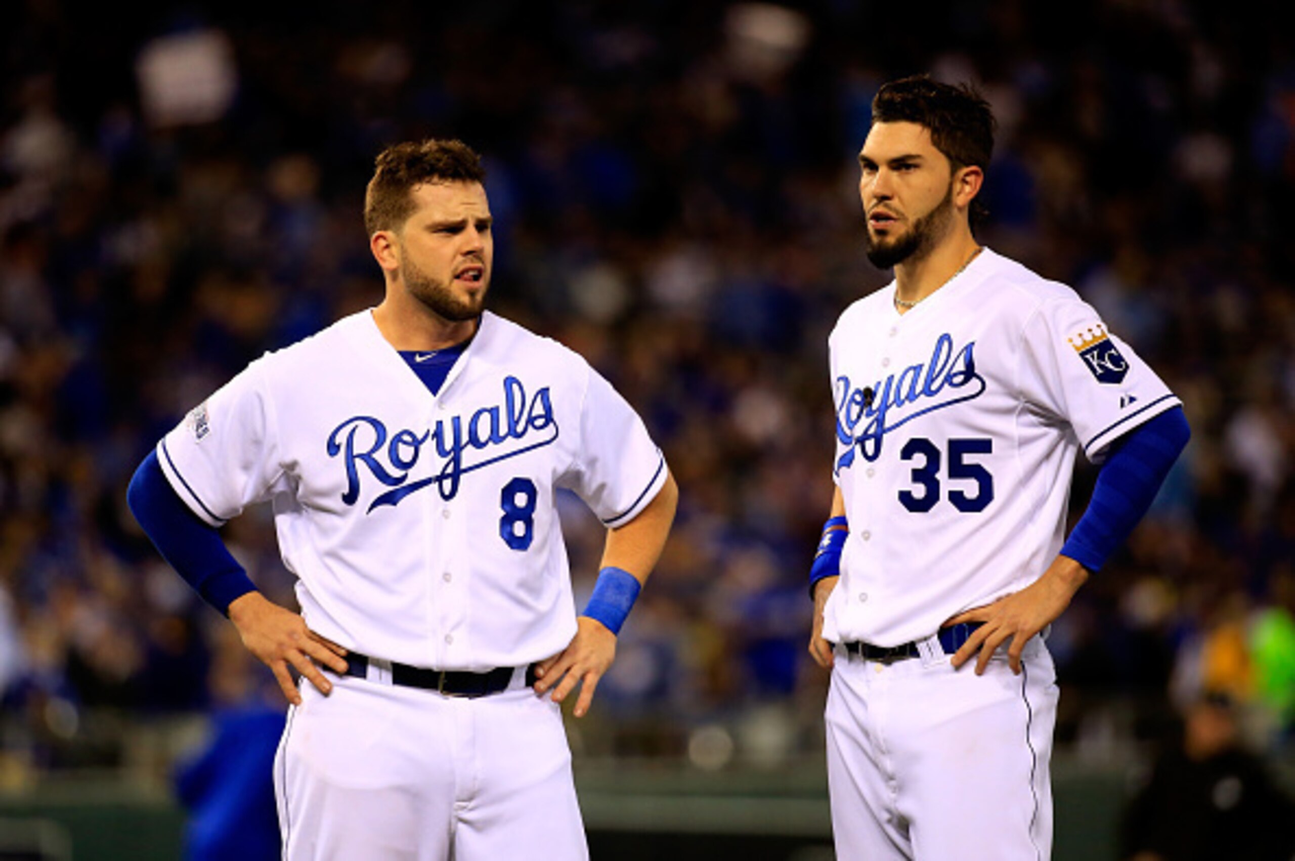 KANSAS CITY, MO - OCTOBER 21:  Mike Moustakas #8 and Eric Hosmer #35 of the Kansas City Royals react after failing to score in the third inning against the San Francisco Giants during Game One of the 2014 World Series at Kauffman Stadium on October 21, 20