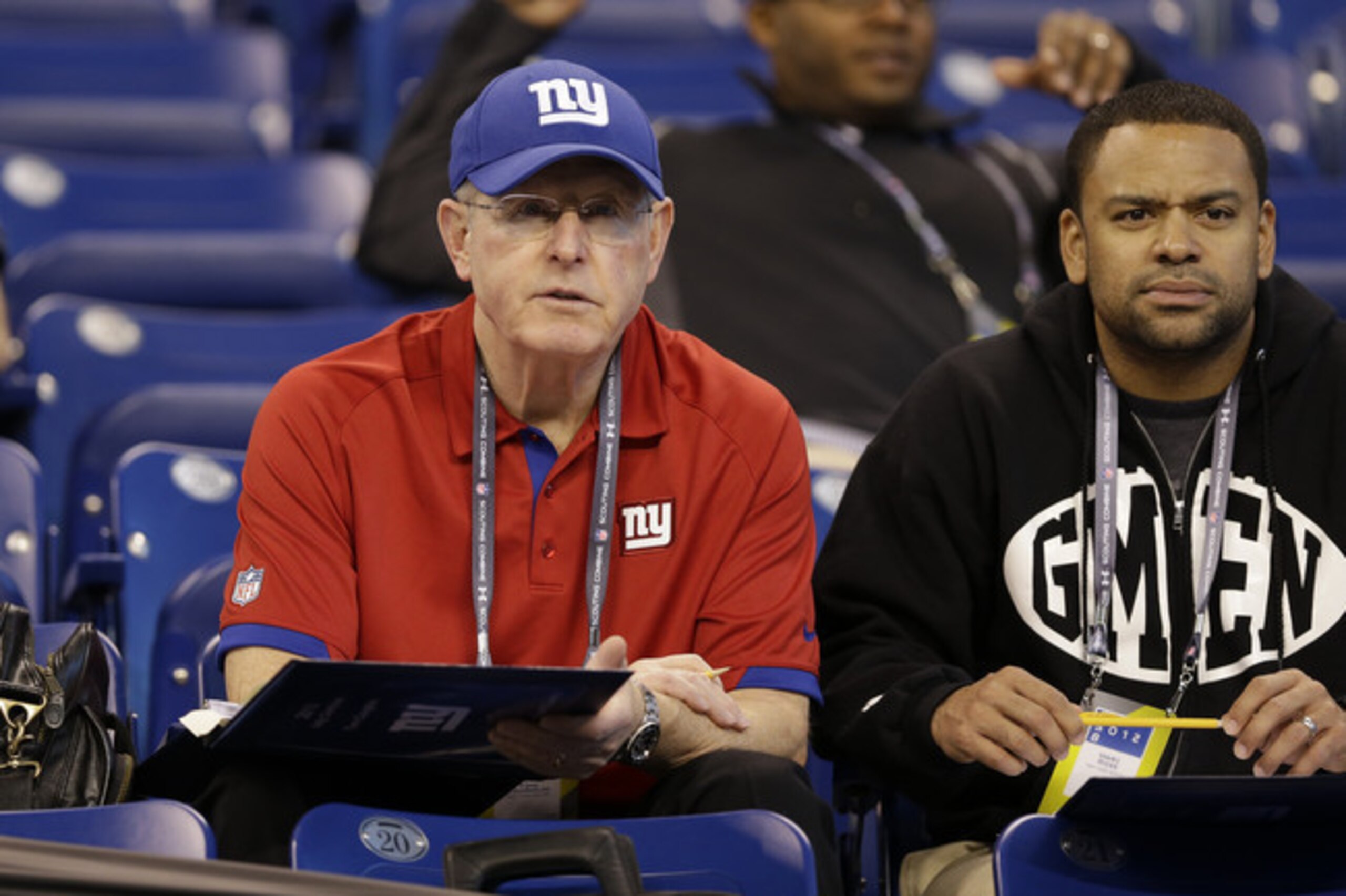 Head coach Tom Coughlin with Giants VP of Player Evaluation Marc Ross at last year's combine.