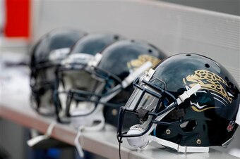 Jacksonville Jaguars helmets are seen on a bench during an NFL football game against the Carolina Panthers in Charlotte, N.C., Sunday, Sept. 25, 2011. The Carolina Panthers defeated the Jacksonville Jaguars 16-10. (AP Photo/Bob Leverone)