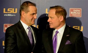 LSU defensive coordinator Kevin Steele (left) and head coach Les Miles