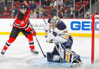 Steve Bernier looks for a rebound in front of the net. He has played well over the last month, but his presence as a second-line winger exposes the Devils' lack of talent.
