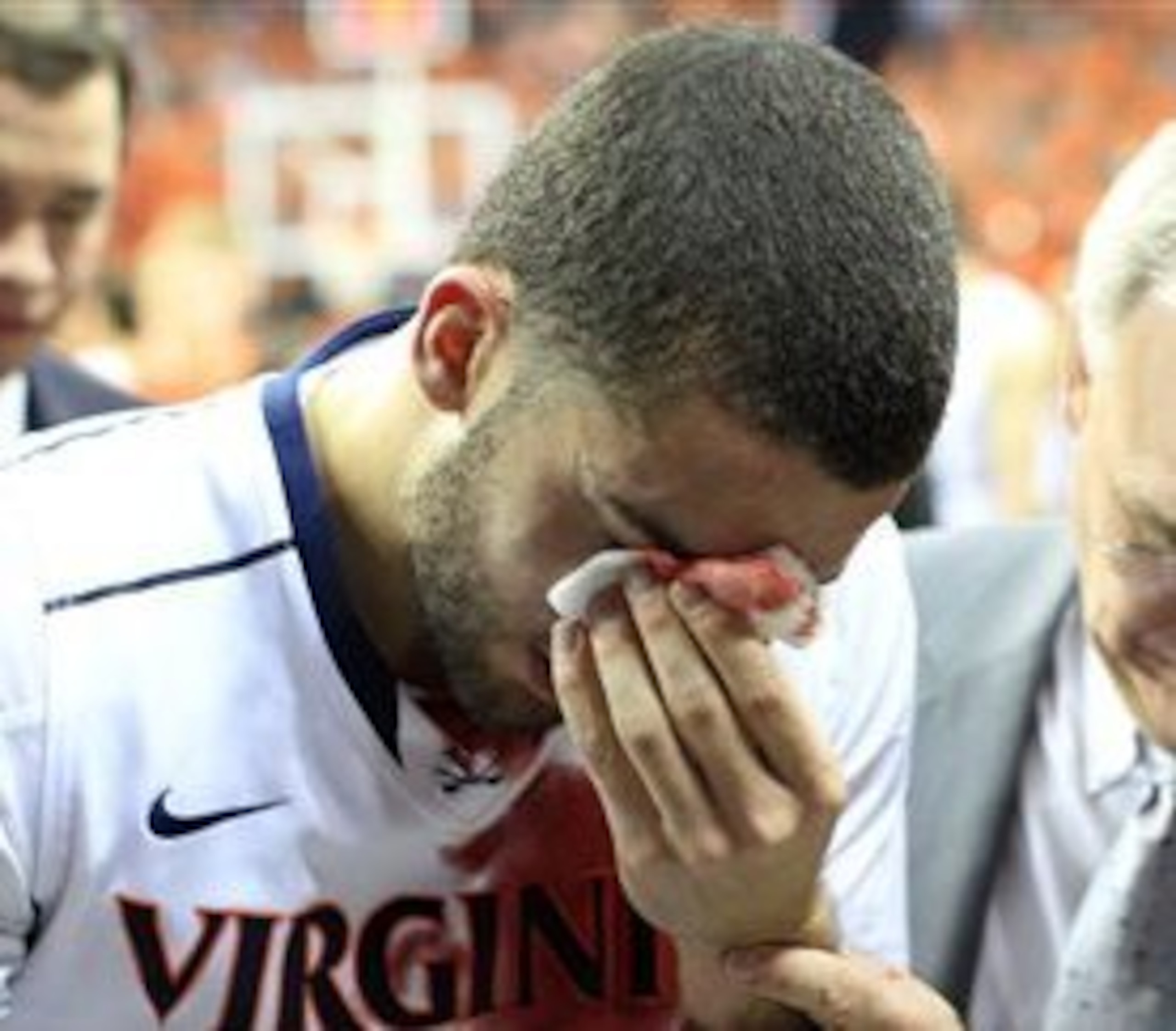 Virginia point guard London Perrantes after a collision with teammate Malcolm Brogdon in the win over Florida State Virginia point guard London Perrantes after a collision with teammate Malcolm Brogdon in the win over Florida State