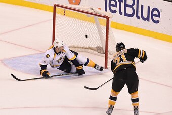 Loui Eriksson scores an empty-net goal against the Nashville Predators.