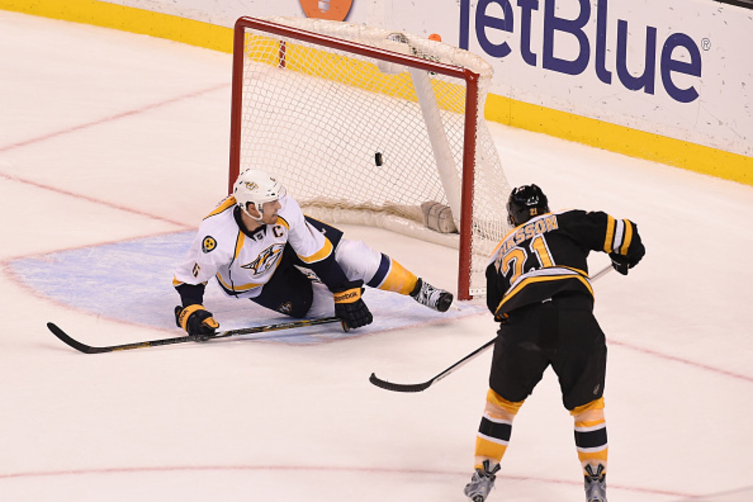 Loui Eriksson scores an empty-net goal against the Nashville Predators.