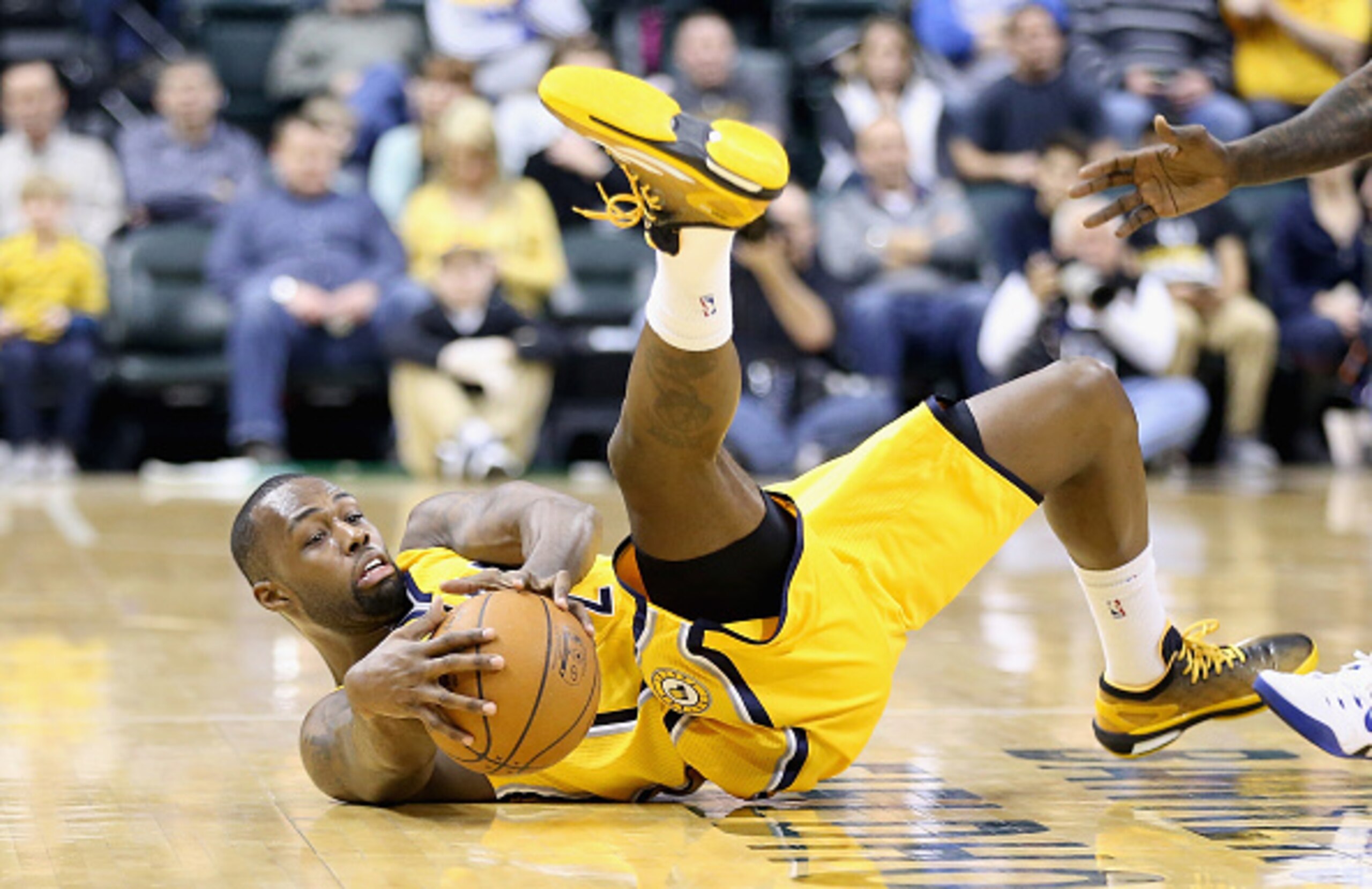 Indiana Pacers shooting guard Rodney Stuckey dives for a loose ball against the Philadelphia 76ers on March 1.
