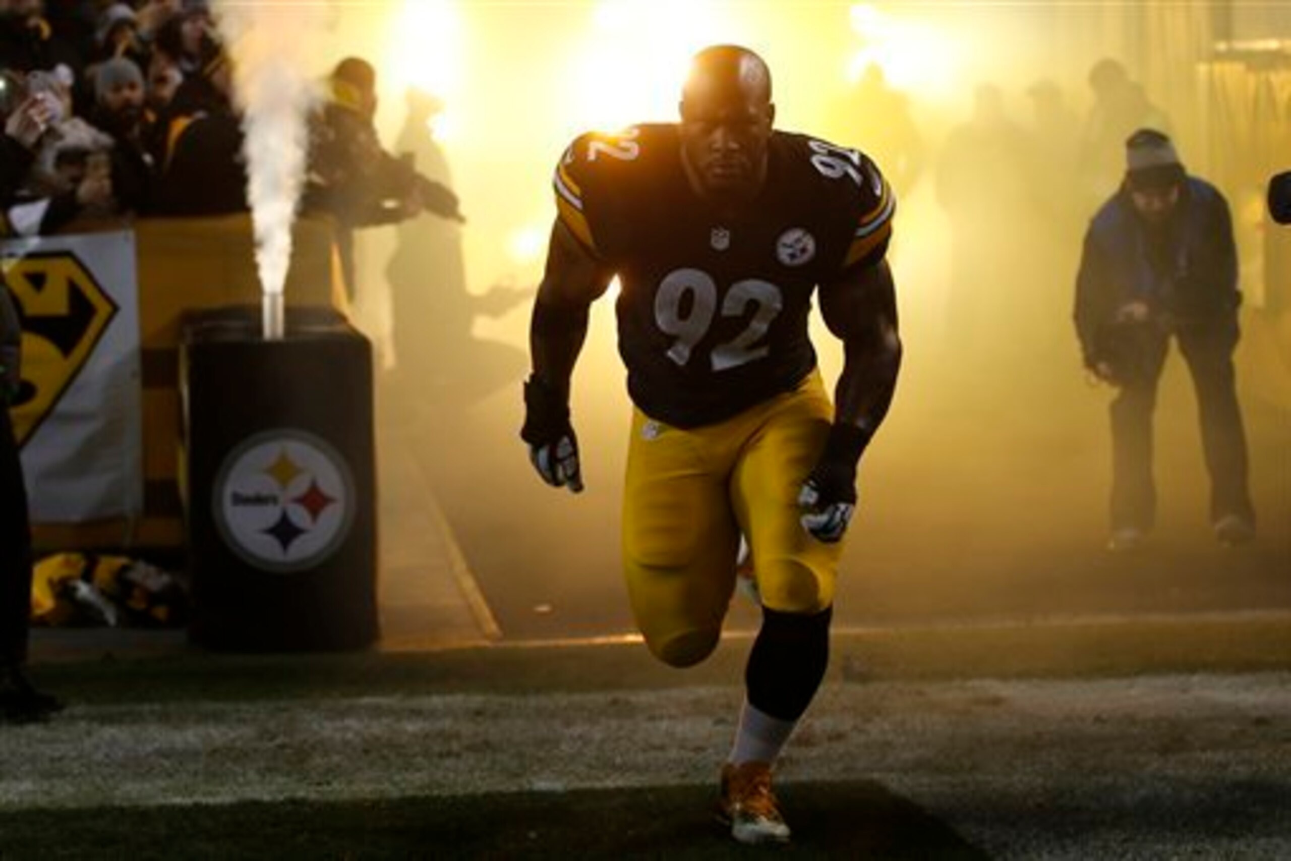 Pittsburgh Steelers outside linebacker James Harrison (92) is introduced before an NFL football game against the Cincinnati Bengals, Sunday, Dec. 28, 2014 in Pittsburgh. (AP Photo/Gene Puskar)
