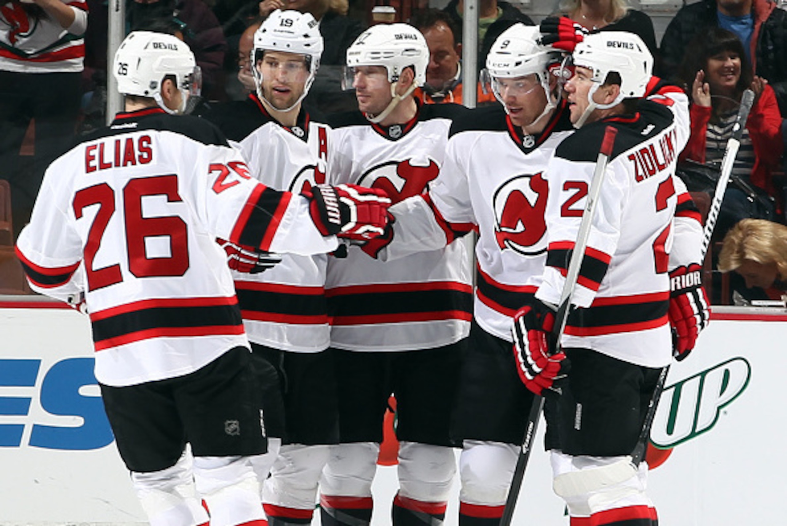 A host of Devils who have struggled this season celebrate a goal with Marek Zidlicky, who is no longer a Devil. A host of Devils who have struggled this season celebrate a goal with Marek Zidlicky, who is no longer a Devil.