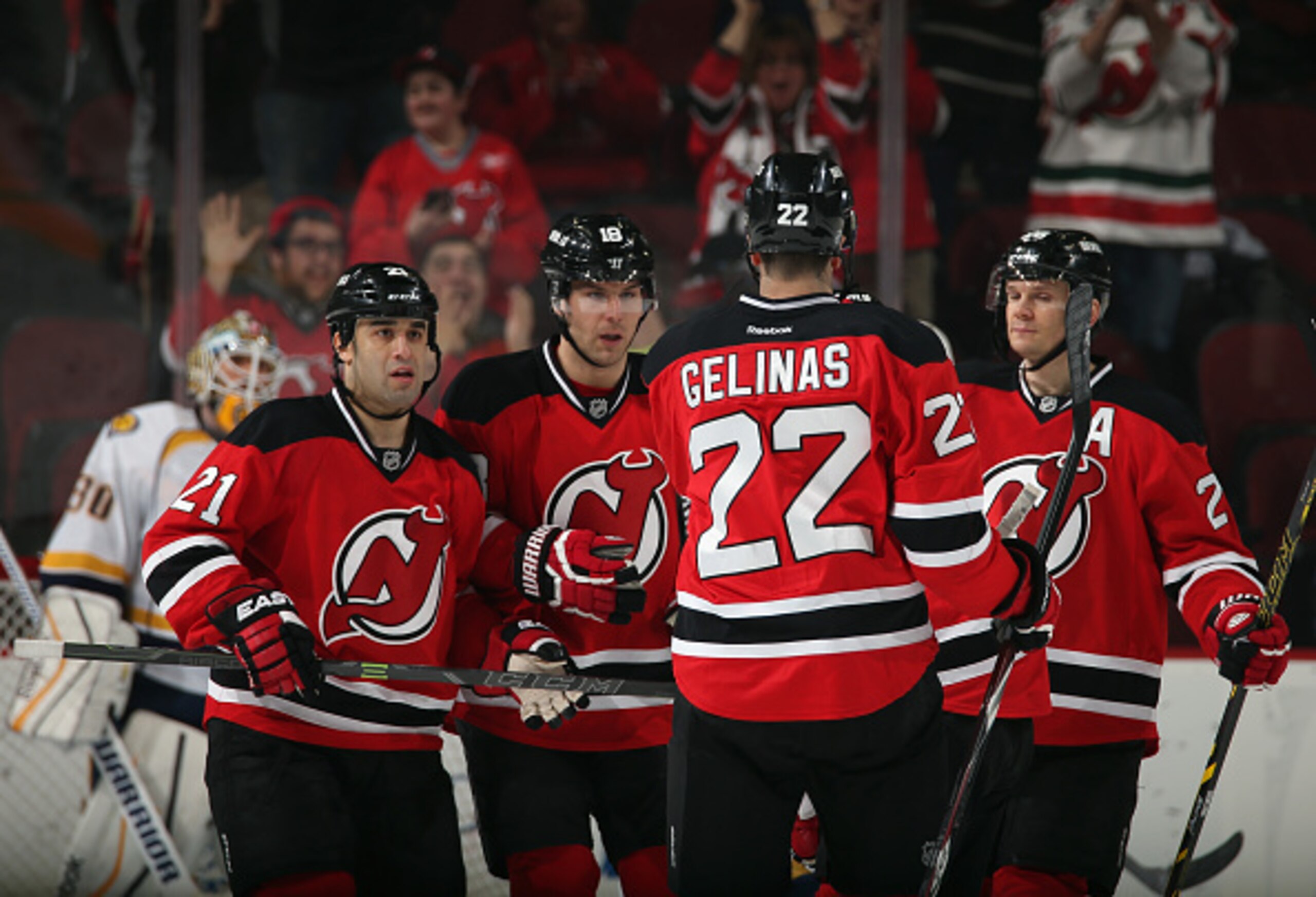 Eric Gelinas celebrates scoring a goal against Nashville on Tuesday. It was his first point in six games. Eric Gelinas celebrates scoring a goal against Nashville on Tuesday. It was his first point in six games.