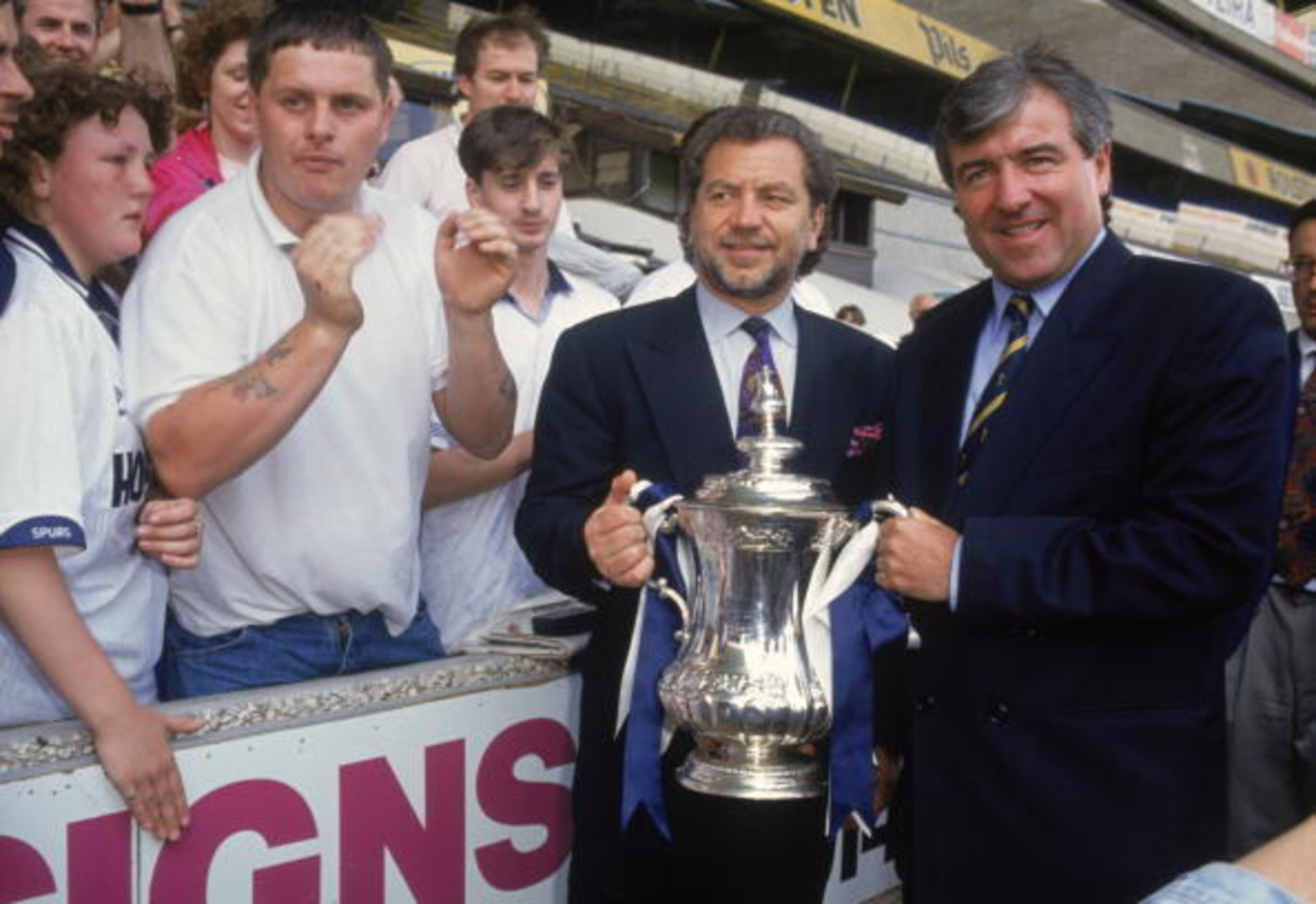 Alan Sugar and Terry Venables (right) join forces to buy Tottenham Hotspur Football Club, 22nd June 1991. (Photo by Nick Potts/Getty Images)
