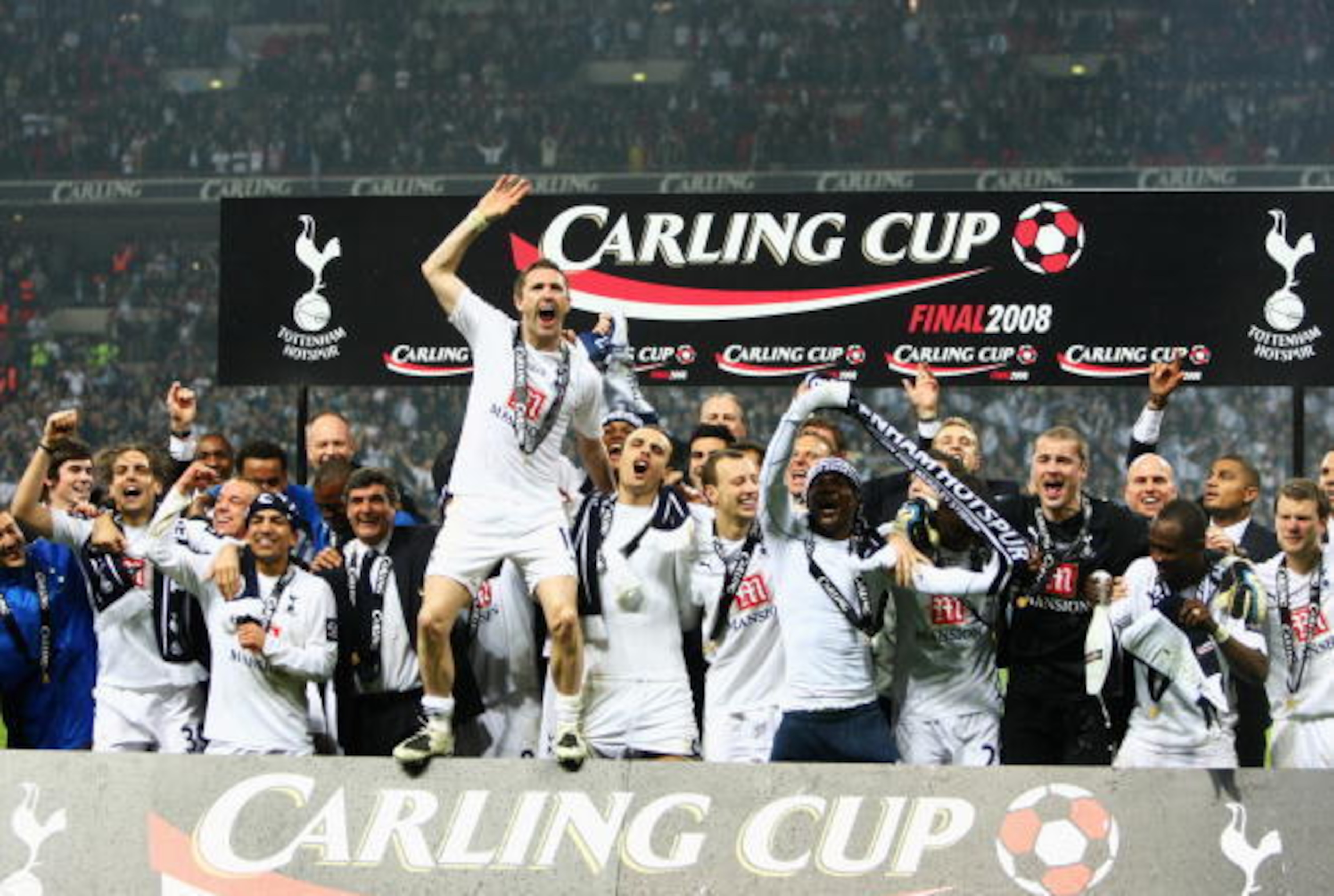 LONDON - FEBRUARY 24:  Robbie Keane of Tottenham Hotspur leads the celebrations following victory during the Carling Cup Final between Tottenham Hotspur and Chelsea at Wembley Stadium on February 24, 2008 in London, England. Tottenham Hotspur won 2-1 afte