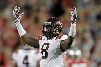 Former Virginia Tech safety Detrick Bonner celebrating the Hokies win over Ohio State in September 2014