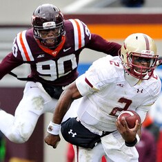 Virginia Tech defensive end Dadi Nicolas in hot pursuit of BC QB Tyler Murphy last season