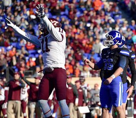 CHAPEL HILL, NC - NOVEMBER 15: Kendall Fuller #11 of the Virginia Tech Hokies react as Ross Martin #35 of the Duke Blue Devils misses a potential game-winning field goal late in the fourth quarter of their game at Wallace Wade Stadium Stadium on November 