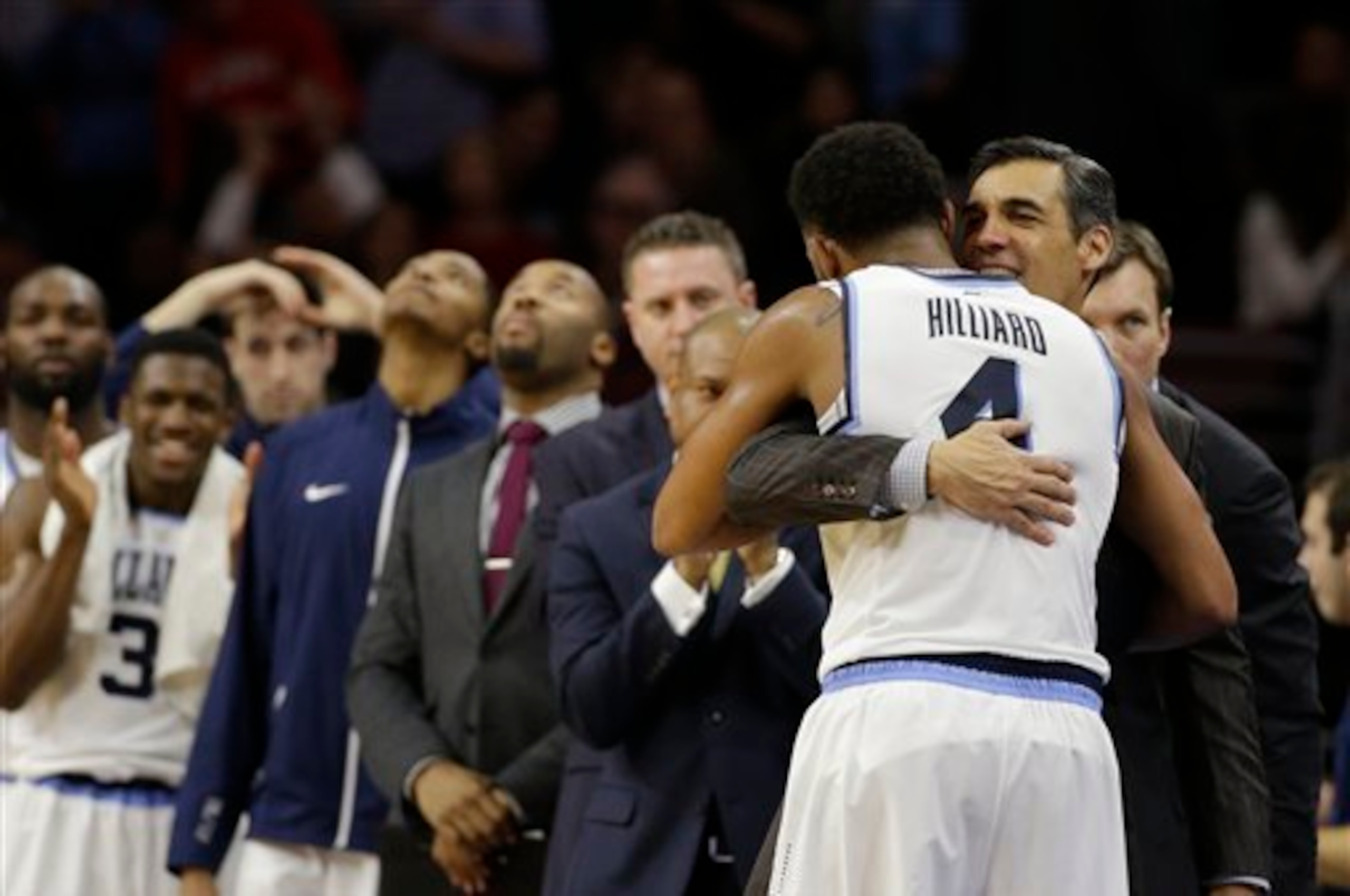 Coach Jay Wright gave senior guard Darrun Hilliard after Villanova closed out the regular season in style.