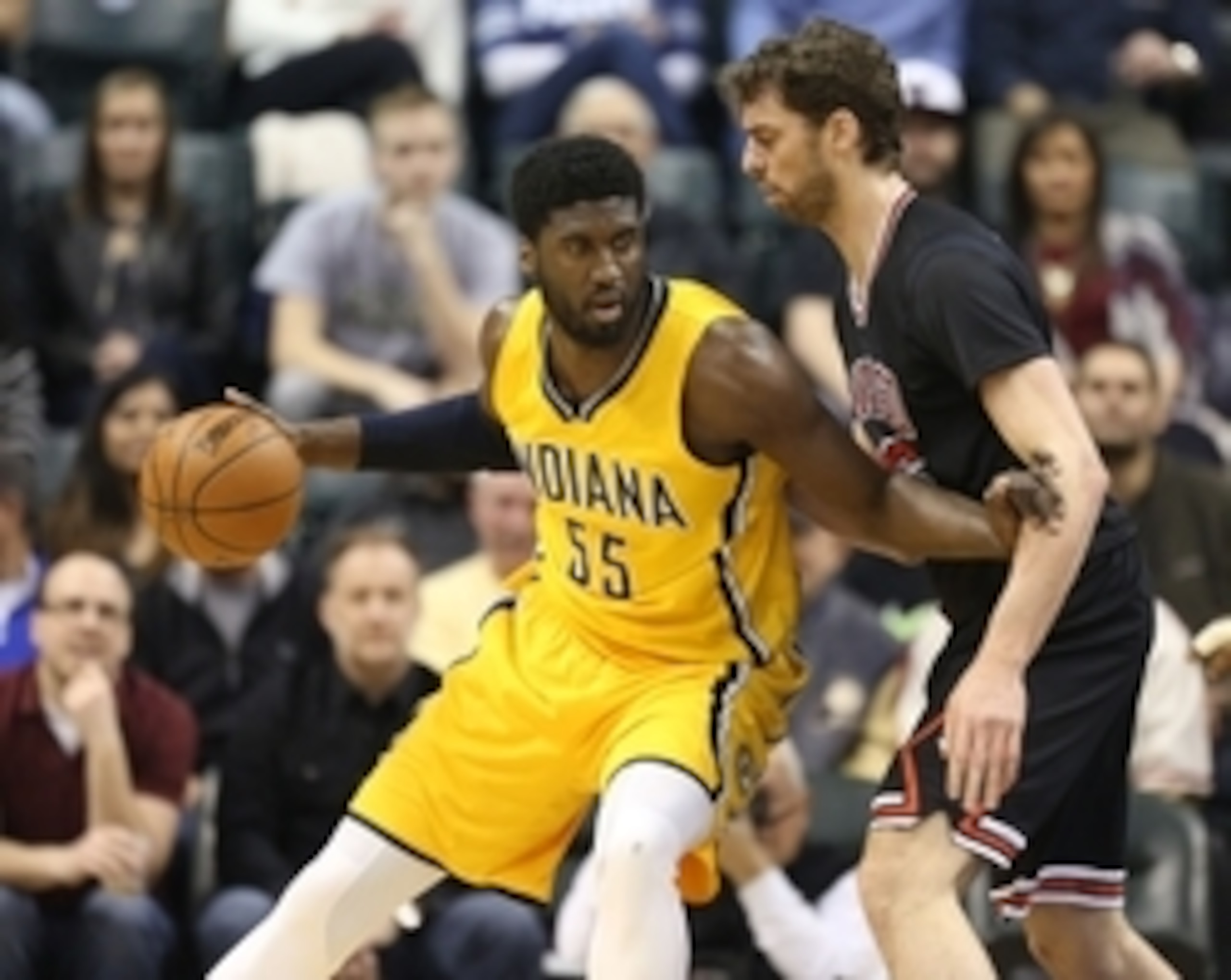 Roy Hibbert backs up against Pau Gasol in the Pacers' 98-84 victory on March 6.